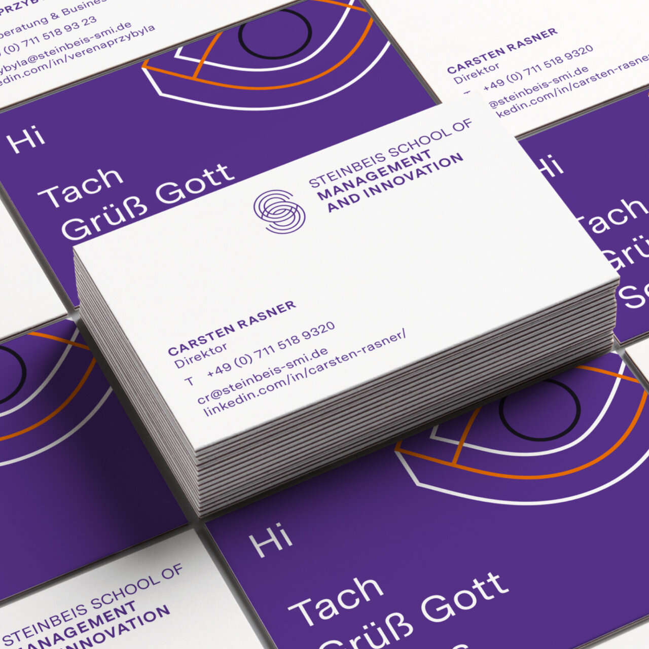 Gestapelte Visitenkarten des Steinbeis School of Management and Innovation in lila, wei&szlig; und orange mit Kontaktinformationen von Carsten Rasner. Die Karten zeigen ein minimalistisches Design mit geschwungenen Linien und dem Logo der Hochschule.
