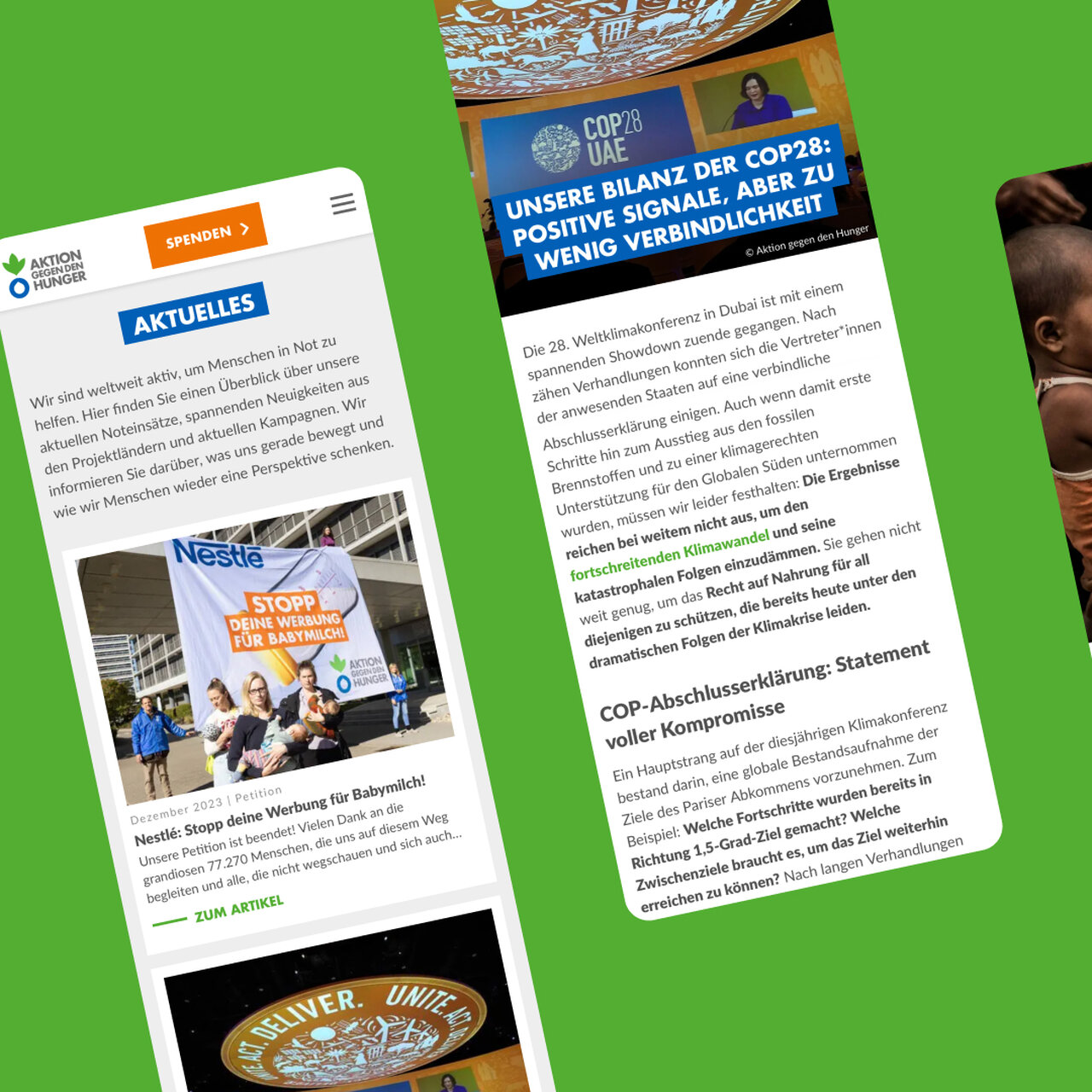 Zwei Smartphone-Bildschirme mit Texten &uuml;ber Klimaaktivismus und Nestl&eacute;-Proteste vor einem gr&uuml;nen Hintergrund. Die Screens zeigen Artikel zu COP28 und einer Demonstration gegen Nestl&eacute;, was die Arbeit von Studio Good im Bereich gesellschaftlicher Ver&auml;nderung reflektiert.