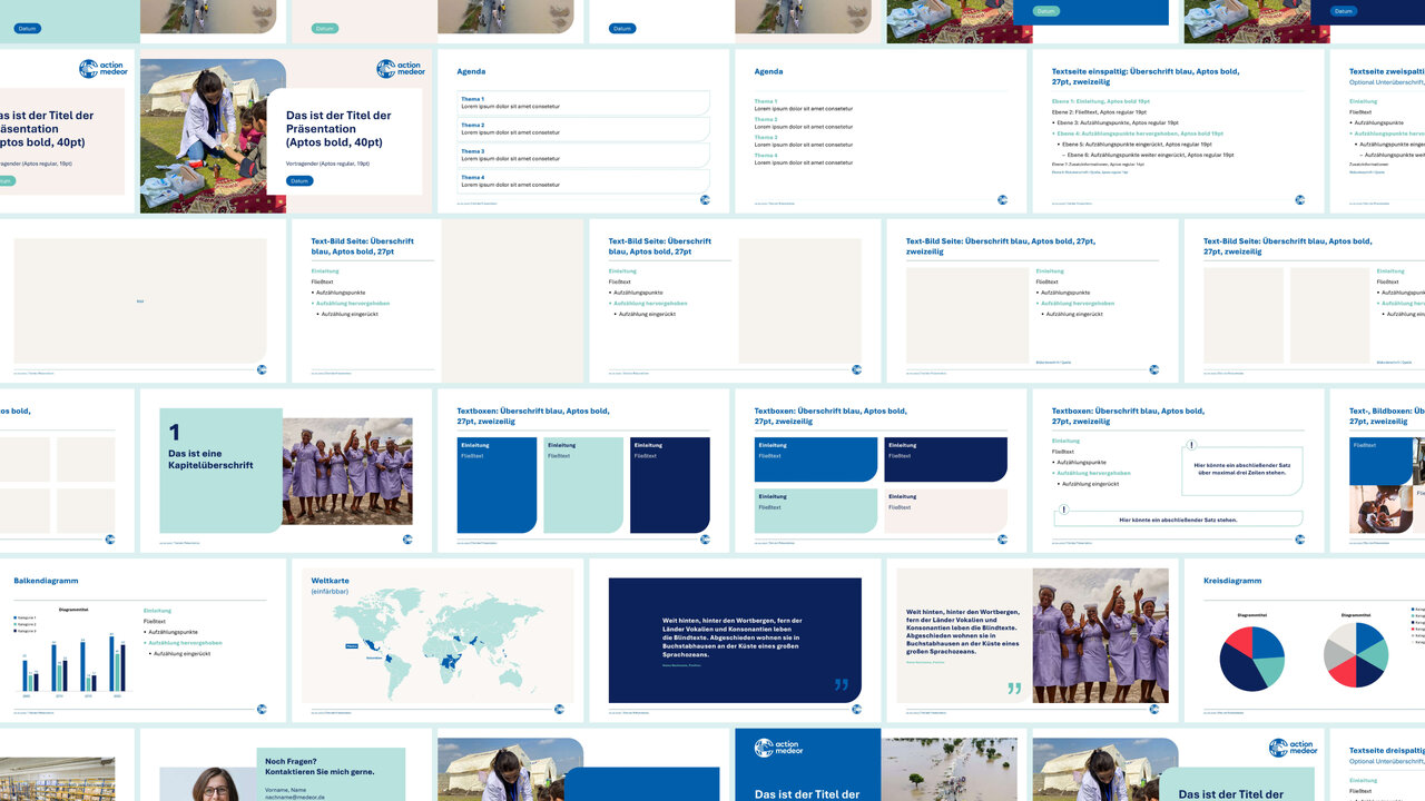 Mosaik von Pr&auml;sentationsfolien und Designelementen f&uuml;r das Projekt von action medeor, mit Grafiken, Websitelayouts, Farbpaletten und Fotos, die die Entwicklung des neuen Corporate Designs von Studio Good zeigen.