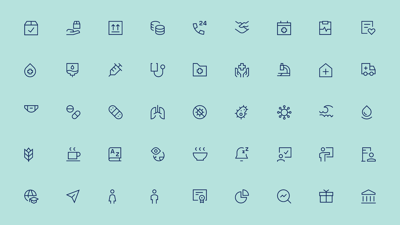 Set von 48 minimal gestalteten Icons in einem gedeckten Blaugr&uuml;n, die verschiedene Konzepte und Objekte wie medizinische Symbole, Gesundheitssymbole, Transportmittel, Diagramme und abstrakte Formen umfassen.