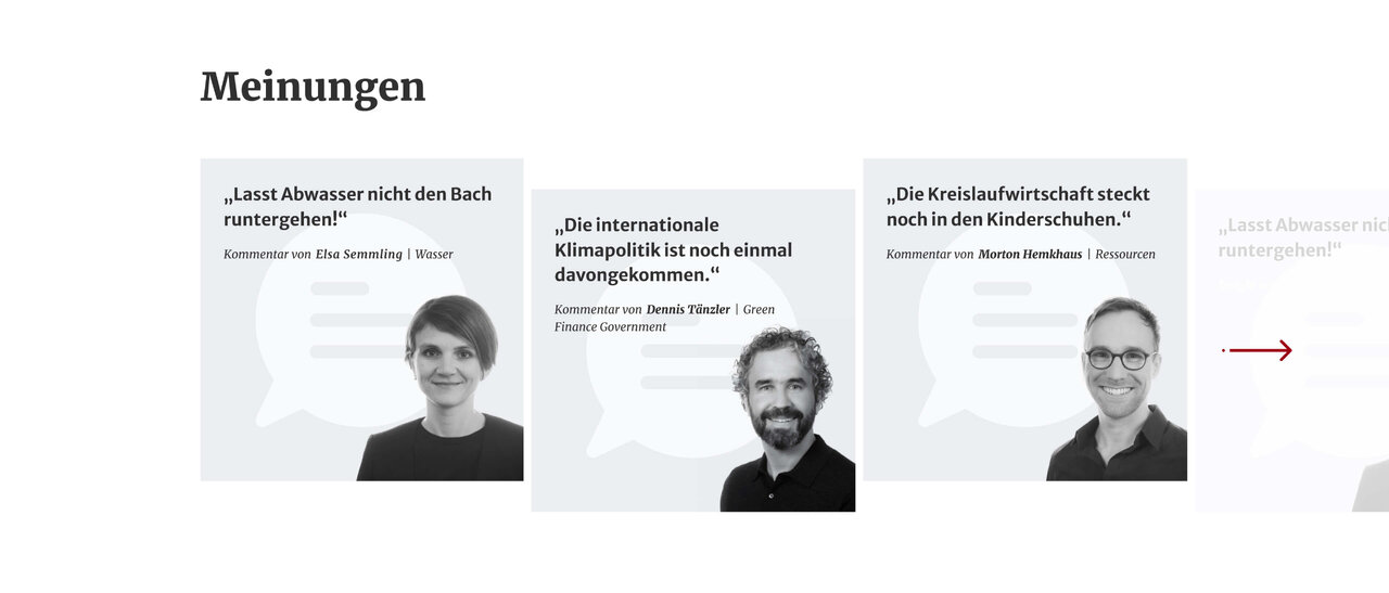 Drei Portr&auml;tfotos von Mitarbeitern von Studio Good mit Kommentaren zu Klimapolitik und Kreislaufwirtschaft, die Teil eines Projekts f&uuml;r adelphi sind.
