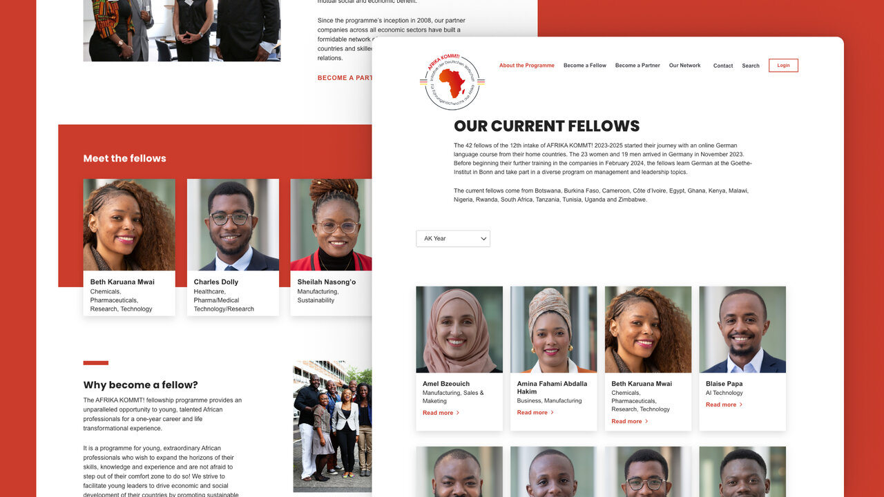 Webseite-Layout des AFRIKA KOMMT! Programms mit Portr&auml;ts von Fellows und Navigationsbereich, die eine &Uuml;bersicht der aktuellen Teilnehmer und Programmstruktur zeigen, in rot-wei&szlig;em Design.
