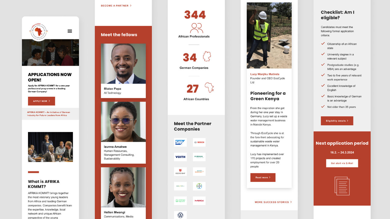 Website-Design f&uuml;r das AFRIKA KOMMT! Projekt mit mehreren Bildschirmelementen, die Statistiken, Portr&auml;ts von Teilnehmern und eine Website-Navigation zeigen, einschlie&szlig;lich einer Statistik von 344 Teilnehmern und einem Screenshot einer responsiven Webseite.