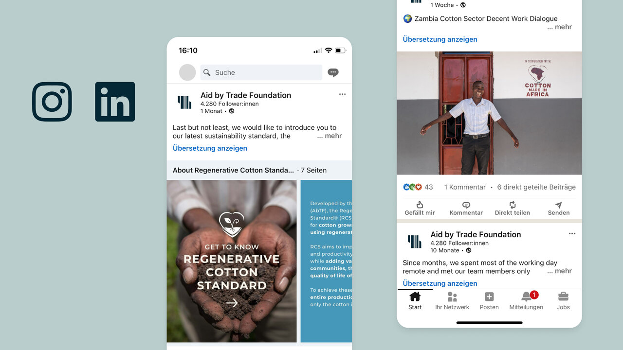 Zwei Smartphone-Bildschirme zeigen Social-Media-Posts der Aid by Trade Foundation, mit einem Bild von H&auml;nden, die Baumwolle halten, und dem Slogan "Regenerative Cotton Standard" auf LinkedIn und Instagram.