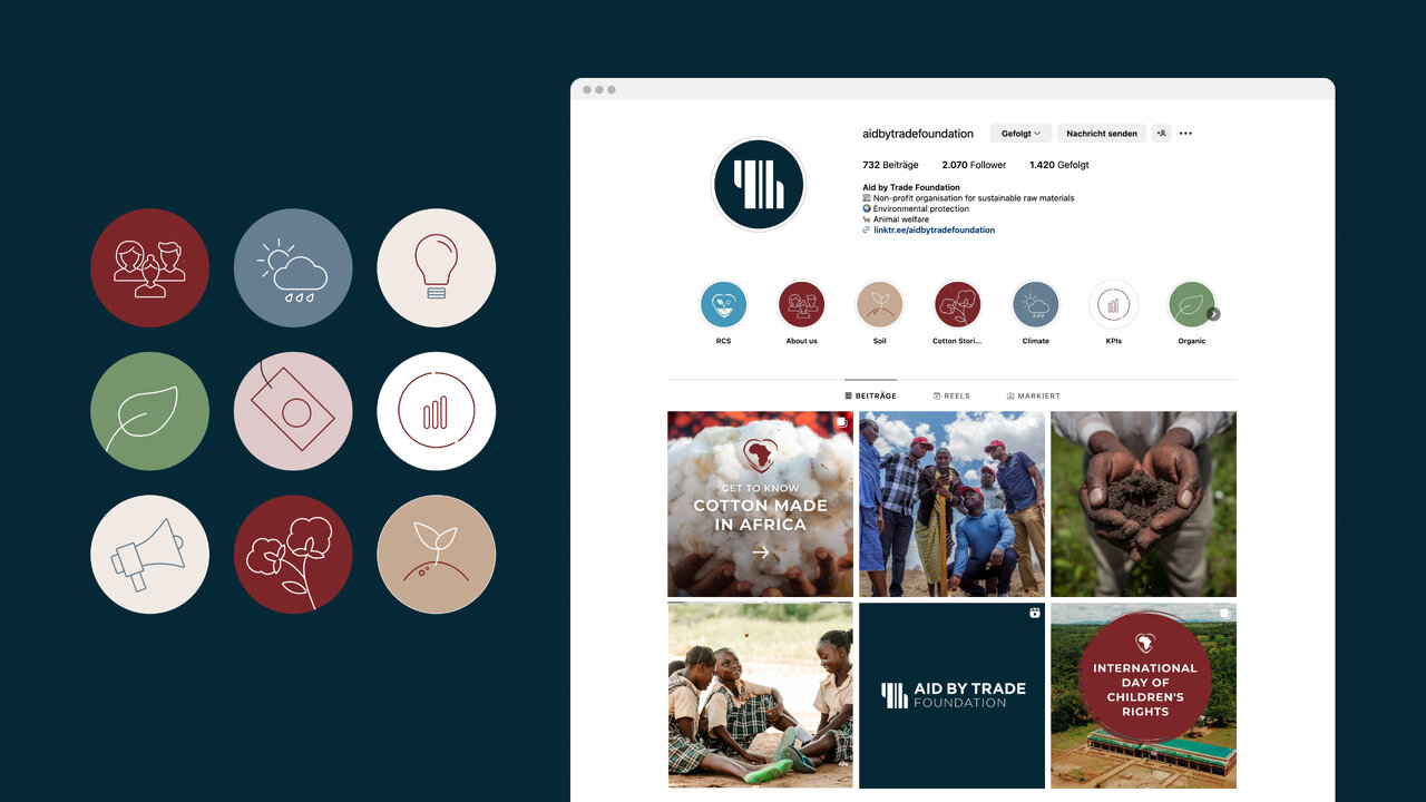 Website-Screenshot und Icon-Set f&uuml;r Aid by Trade Foundation, zeigt Social-Media-Design mit Websiteoberfl&auml;che, Instagram-Feed und stilisierten Icons in gedeckten Farbt&ouml;nen, die verschiedene Themenbereiche wie Nachhaltigkeit und Kommunikation symbolisieren.
