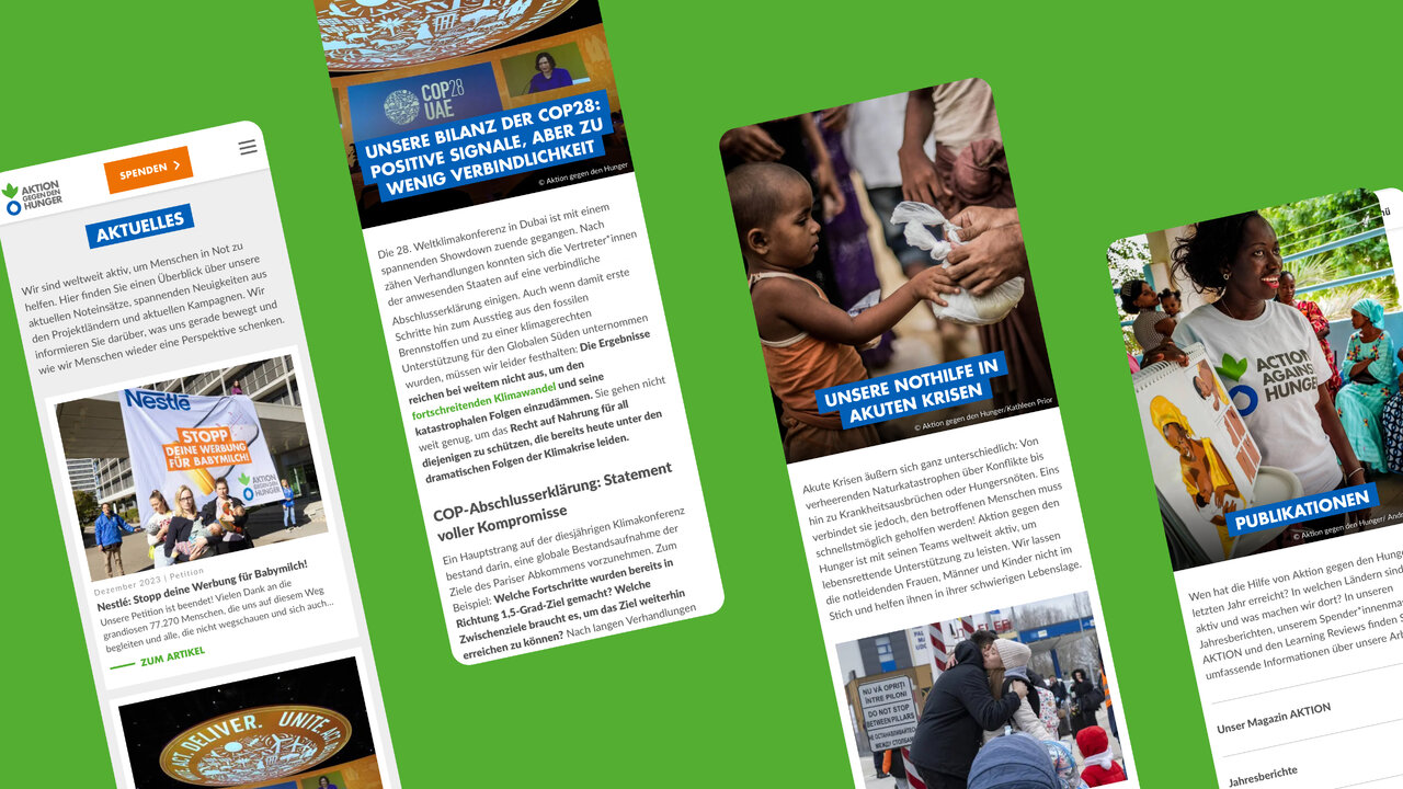 Mockup verschiedener Webseiten und Designelemente f&uuml;r die Kampagne von Aktion gegen den Hunger, die Informationen, Emotionen und Spendenaufrufe visuell ansprechend und &uuml;bersichtlich pr&auml;sentieren.