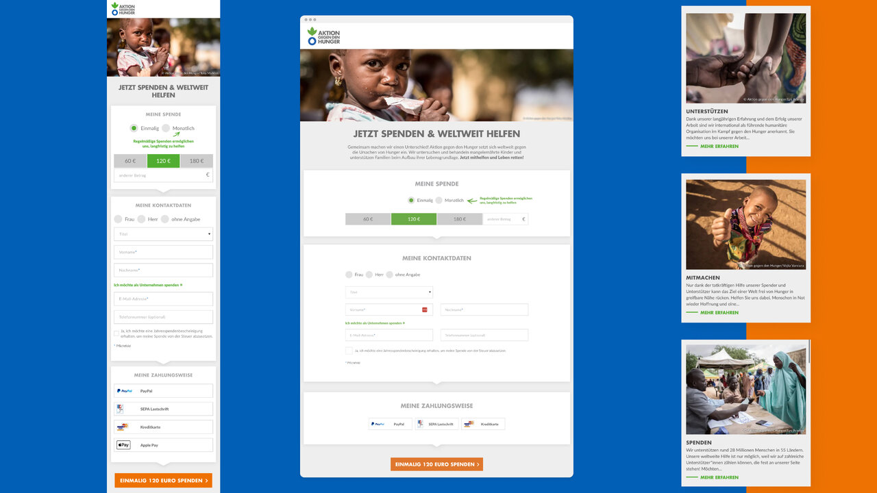 Webformular zur Spende f&uuml;r Aktion gegen den Hunger mit zentralem Spendenformular, im Hintergrund ein Portr&auml;t eines Kindes und seitlichen Thumbnails mit Projektbildern.