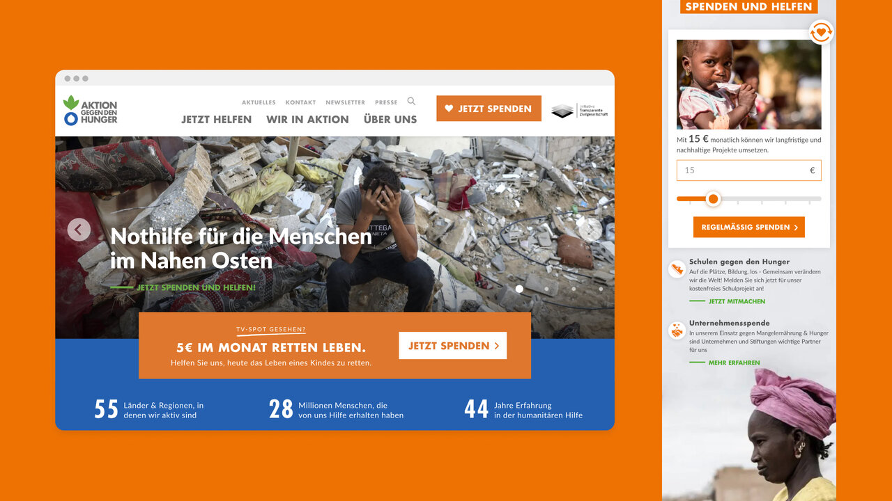 Website-Design f&uuml;r Aktion gegen den Hunger mit einem orangefarbenen Layout, das eine Spendenseite mit Bildern von Tr&uuml;mmern und Menschen im Nahen Osten zeigt, mit Statistiken zu Hilfsaktionen und einem klaren Spendenaufruf.