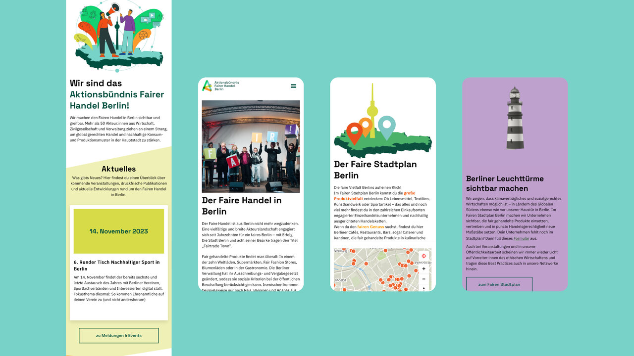 Webdesign-Pr&auml;sentation f&uuml;r das Aktionsb&uuml;ndnis Fairer Handel in Berlin mit vier Bildschirmen, die verschiedene Aspekte des Projekts zeigen, darunter Website-Layouts, Grafikdesign und ein Stadtkartenelement in t&uuml;rkisfarbener Umgebung.