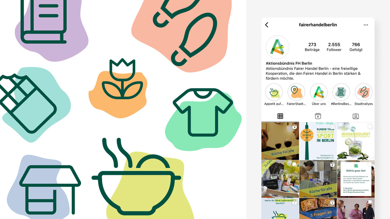 Icons in gr&uuml;n-pastellfarbenen Abstufungen zeigen verschiedene Symbole wie Dokument, Blume, T-Shirt, Haus und Suppensch&uuml;ssel, daneben ein Screenshot eines Social-Media-Profils mit Fotos und Designelementen f&uuml;r das Aktionsb&uuml;ndnis Fairer Handel Berlin.