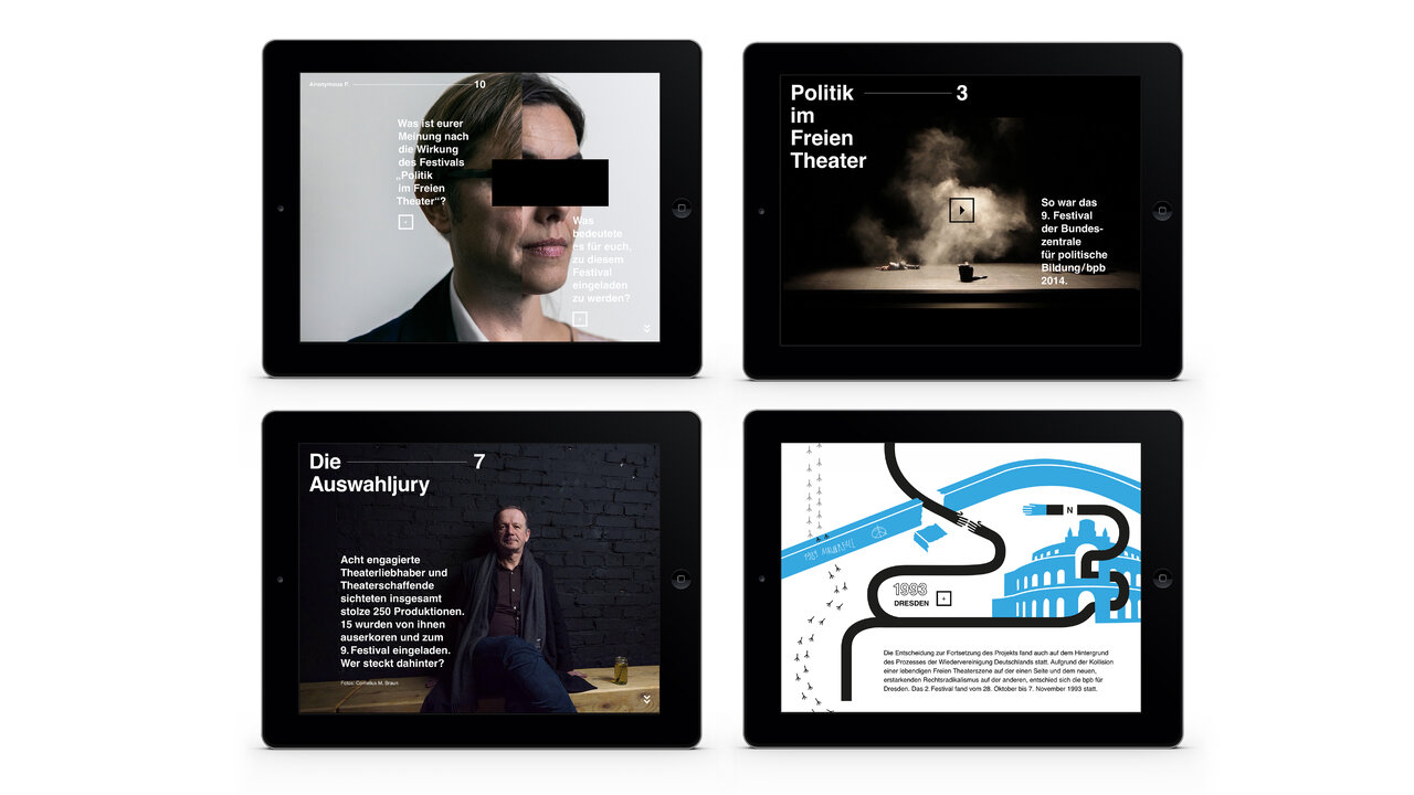 Vier Tablet-Bildschirme zeigen verschiedene Seiten eines digitalen Magazins zum Festival Politik im Freien Theater. Die Layouts kombinieren Portr&auml;ts, grafische Elemente und Texte in einem klaren, modernen Design, das politische Themen visuell zug&auml;nglich macht.