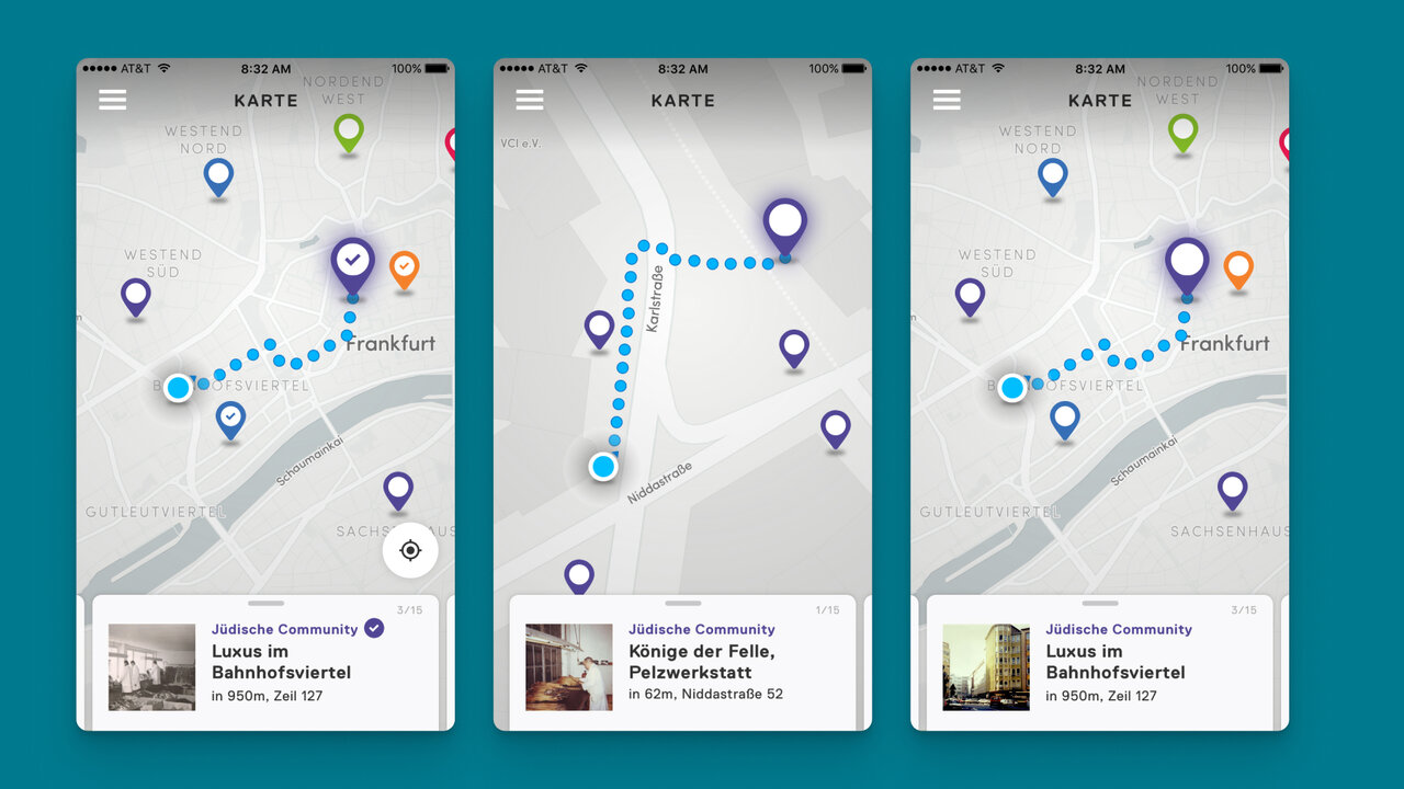 Drei Smartphone-Screenshots einer App-Karte mit blauen Routen und Markierungen, die den Stadtplan von Frankfurt zeigen. Die Karte visualisiert verschiedene Stationen der j&uuml;dischen Stadtgeschichte mit interaktiven Wegpunkten und Standortinformationen.
