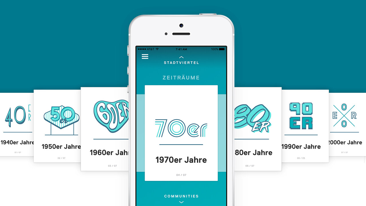 Smartphone-Screenshot einer Zeitreise-App mit t&uuml;rkisblauem Design, die verschiedene Jahrzehnte von den 40er bis zu den 2000er Jahren abbildet, mit Fokus auf die 70er Jahre.