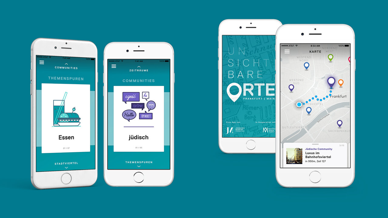 Vier iPhone-Bildschirme pr&auml;sentieren die Benutzeroberfl&auml;che der "Unsichtbare Orte" App f&uuml;r das J&uuml;dische Museum Frankfurt. Screenshots zeigen Startseiten mit Kategorien wie "Essen" und "J&uuml;disch" sowie eine interaktive Stadtplan-Ansicht mit Markierungen und Navigationsoptionen.