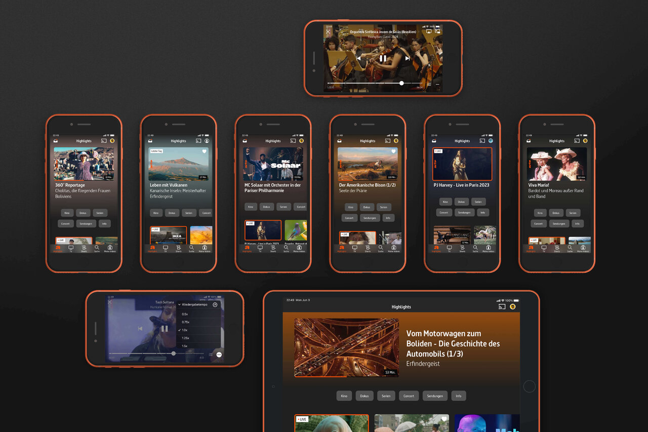 Mehrere Smartphone-Screens und ein Tablet-Display zeigen das responsive Design der ARTE-App in verschiedenen Ansichten und Bildschirmgr&ouml;&szlig;en. Die Benutzeroberfl&auml;che pr&auml;sentiert eine klare, moderne Gestaltung mit Videoinhalten, Programmvorschauen und Navigationselementen in einem einheitlichen, orangefarbenen Designsystem.