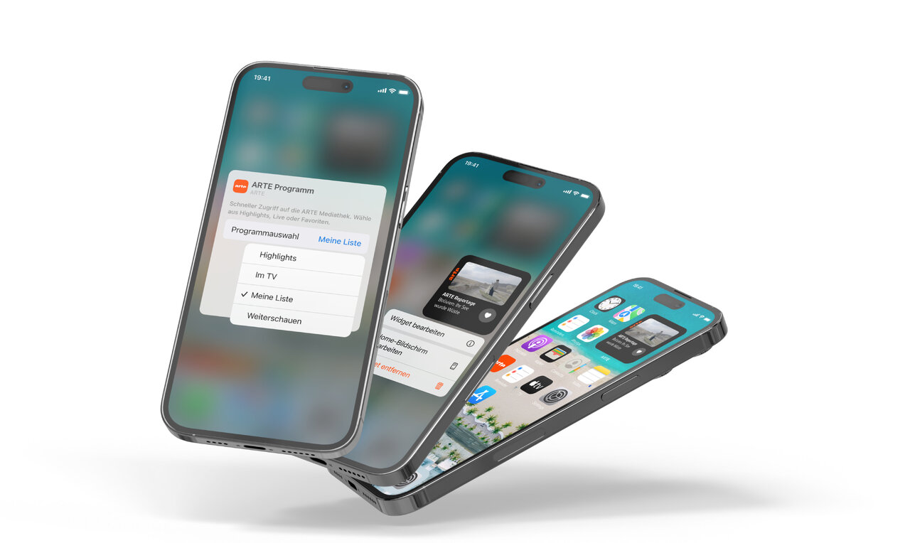 Drei geneigte Smartphone-Mockups zeigen verschiedene Ansichten der ARTE-App mit einem klaren, modernen Design. Die Screens pr&auml;sentieren Men&uuml;s, Programm&uuml;bersichten und Navigationselemente in einer benutzerfreundlichen Oberfl&auml;che.