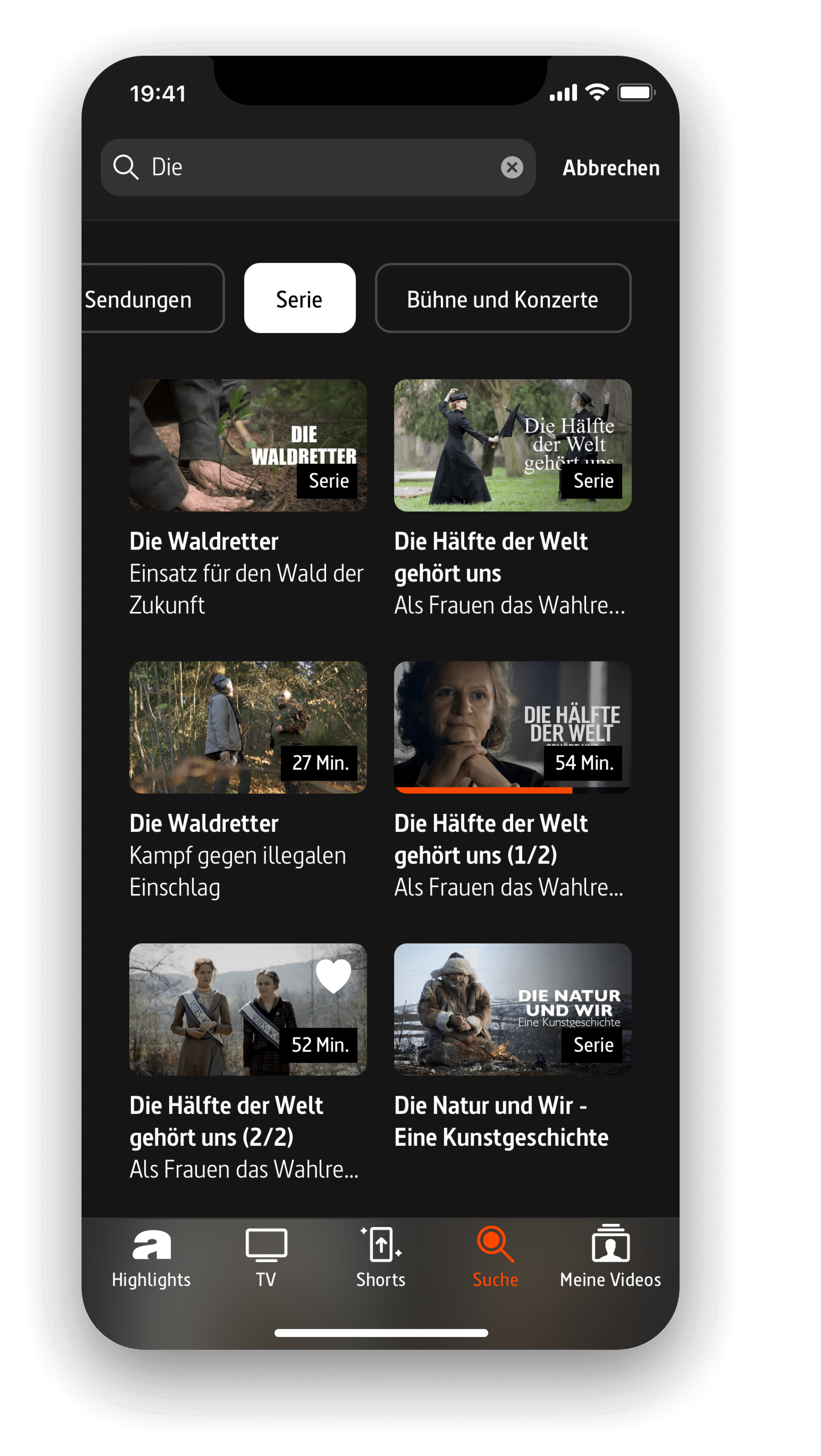 Mobiler Streaming-Bildschirm der ARTE-App mit Suchergebnissen f&uuml;r die Suchanfrage "Die", zeigt verschiedene Serien und Dokumentationen wie "Die Waldretter" und "Die H&auml;lfte der Welt" in einer Listenansicht mit Vorschaubildern und Titeln.