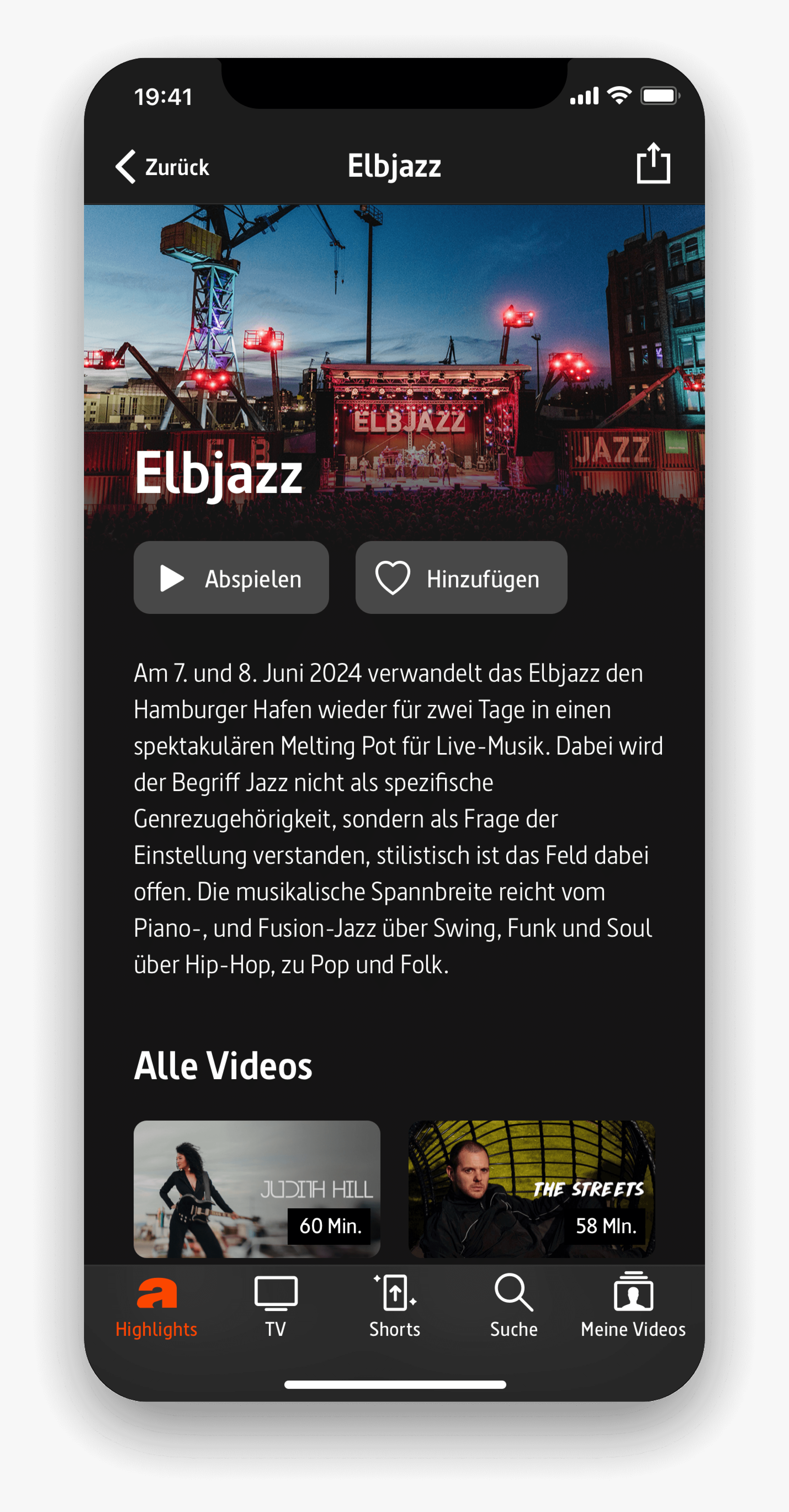 Screenshot der Elbjazz-App mit Informationen zum Musikfestival im Hamburger Hafen am 7. und 8. Juni 2024, mit einem roten Elbjazz-Logo und Veranstaltungsdetails vor einem n&auml;chtlichen Hafenhintergrund mit Kr&auml;nen und Lichtern.