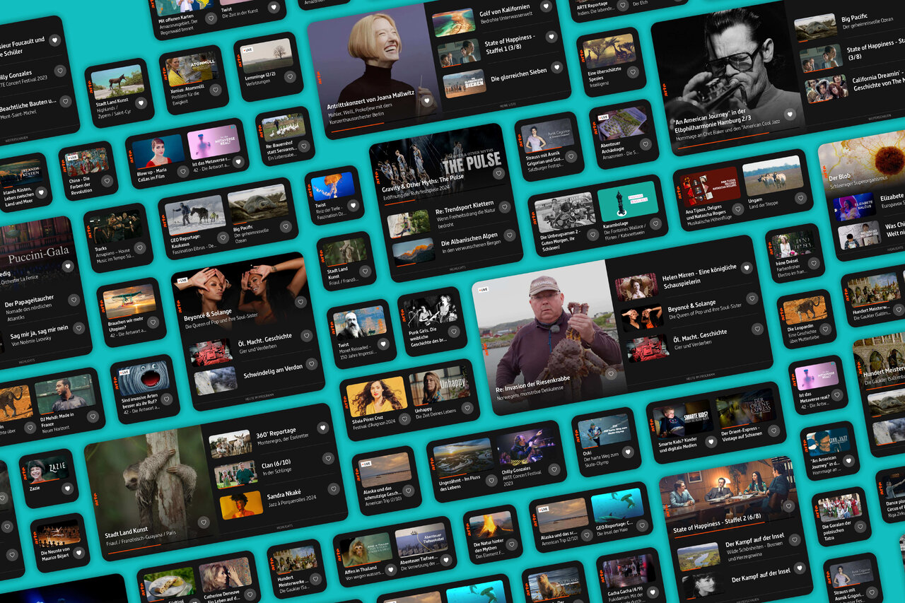 Rasterartige Anordnung von Webseitenkacheln in T&uuml;rkis und Schwarz, die verschiedene Vorschaubilder und Thumbnails f&uuml;r Videoinhalte und Medienbeitr&auml;ge zeigen, wahrscheinlich ein Screendesign f&uuml;r die ARTE-App von Studio Good.