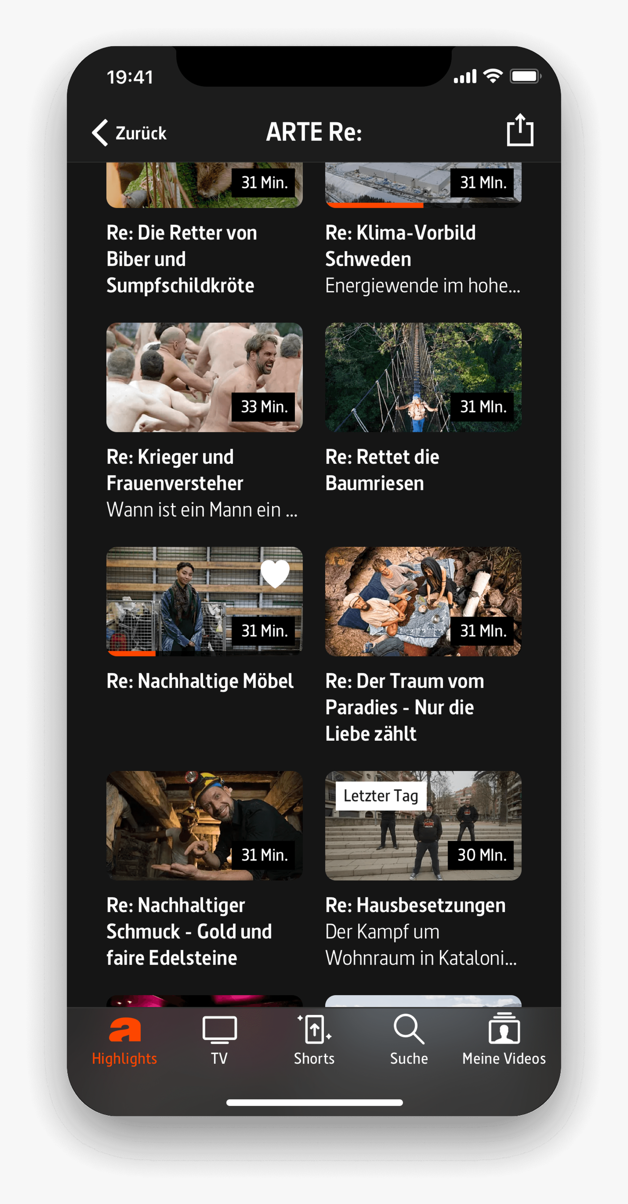 ARTE Re: App-Bildschirm mit verschiedenen Dokumentarfilm-Vorschl&auml;gen wie "Die Retter von Bibern und Sumpfschildkr&ouml;ten" und "Klima-Vorbild Schweden". Zeigt eine &Uuml;bersicht von 31-min&uuml;tigen Reportagen zu Themen wie Nachhaltigkeit, Gesellschaft und Umwelt.