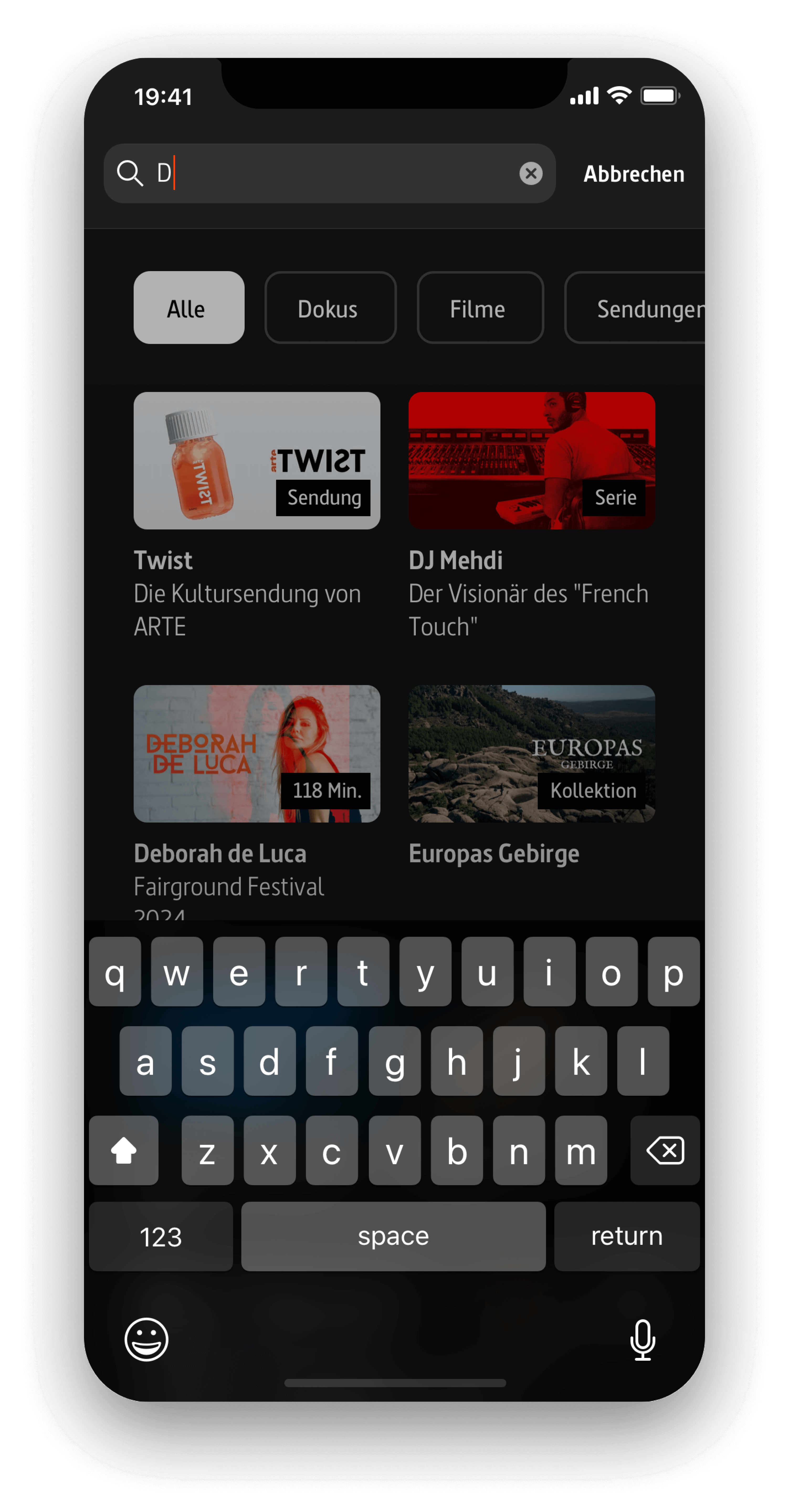 Suchergebnis in der ARTE-App mit verschiedenen Sendungen wie Twist, DJ Mehdi und Deborah de Luca, wobei die Tastatur eingeblendet ist und ein Suchbegriff eingegeben wird.
