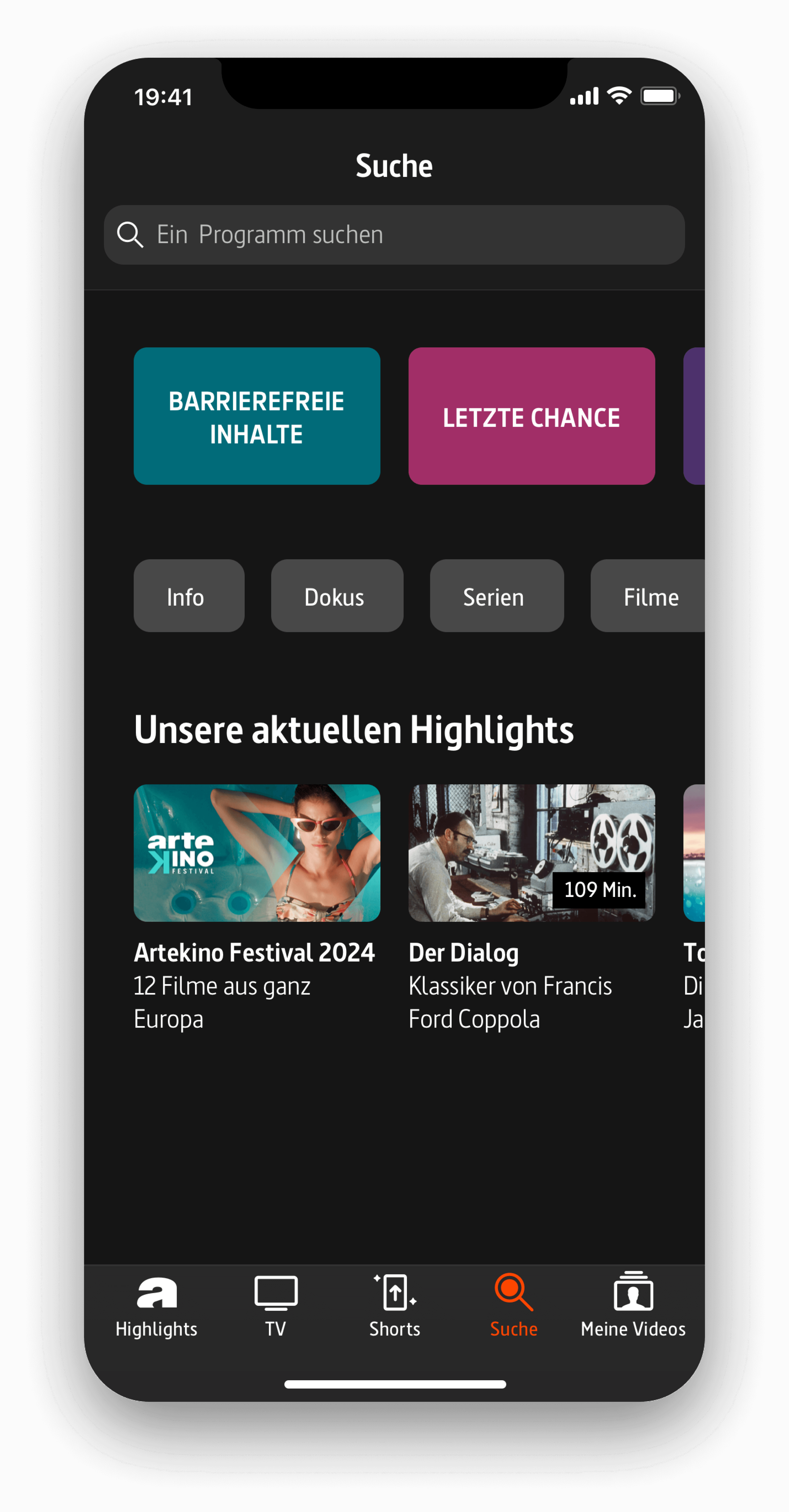 Screenshot der ARTE-App mit Suchfunktion und aktuellen Highlights wie dem Artekino Festival 2024 und einem Filmklassiker von Francis Ford Coppola, der zeigt, wie der deutsch-franz&ouml;sische Sender innovative und hochwertige Inhalte f&uuml;r Nutzer pr&auml;sentiert.
