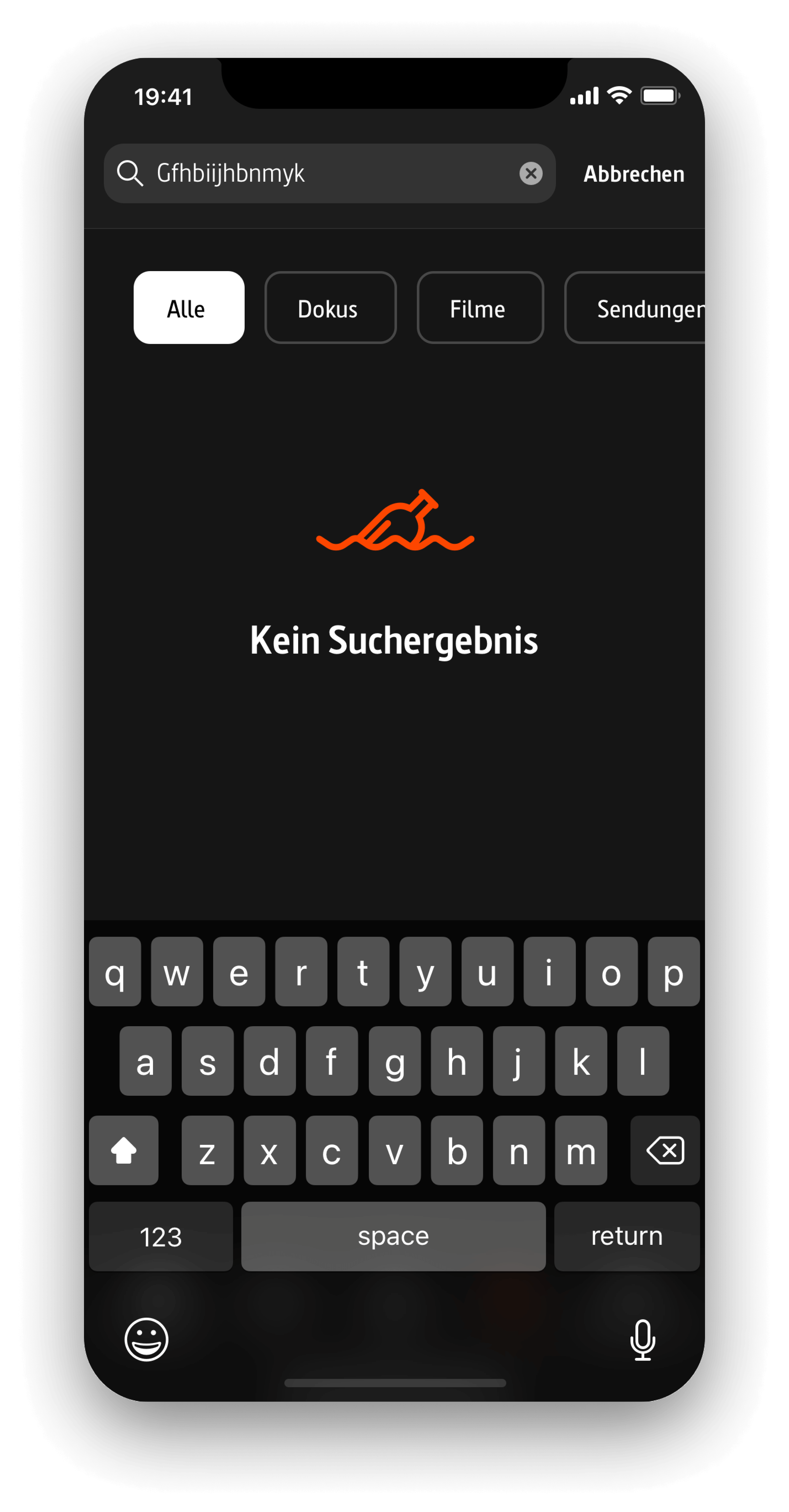 Schwarze Such-Oberfl&auml;che einer Mediathek-App mit Filterkategorien und Tastatur, auf der keine Suchergebnisse f&uuml;r die Eingabe gefunden wurden. Ein orangefarbenes Surfbrett-Icon symbolisiert das Nicht-Vorhandensein von Resultaten.