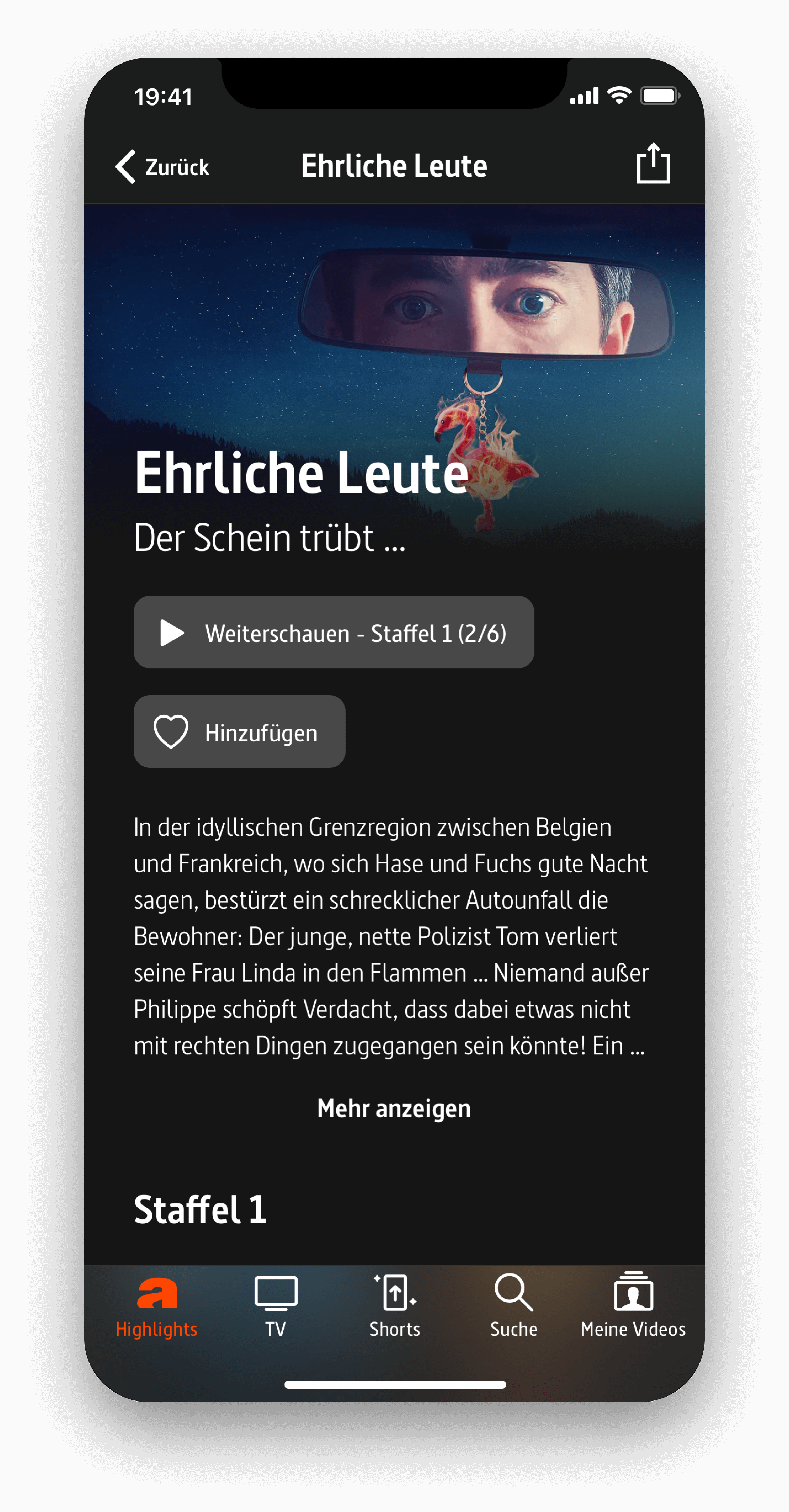 Bildschirm der ARTE-App mit Details zur Krimiserie "Ehrliche Leute", die einen Polizisten in der Grenzregion zwischen Belgien und Frankreich zeigt. Ein Standbild aus der Serie ist zu sehen, mit Navigationsoptionen und einer kurzen Inhaltsbeschreibung.
