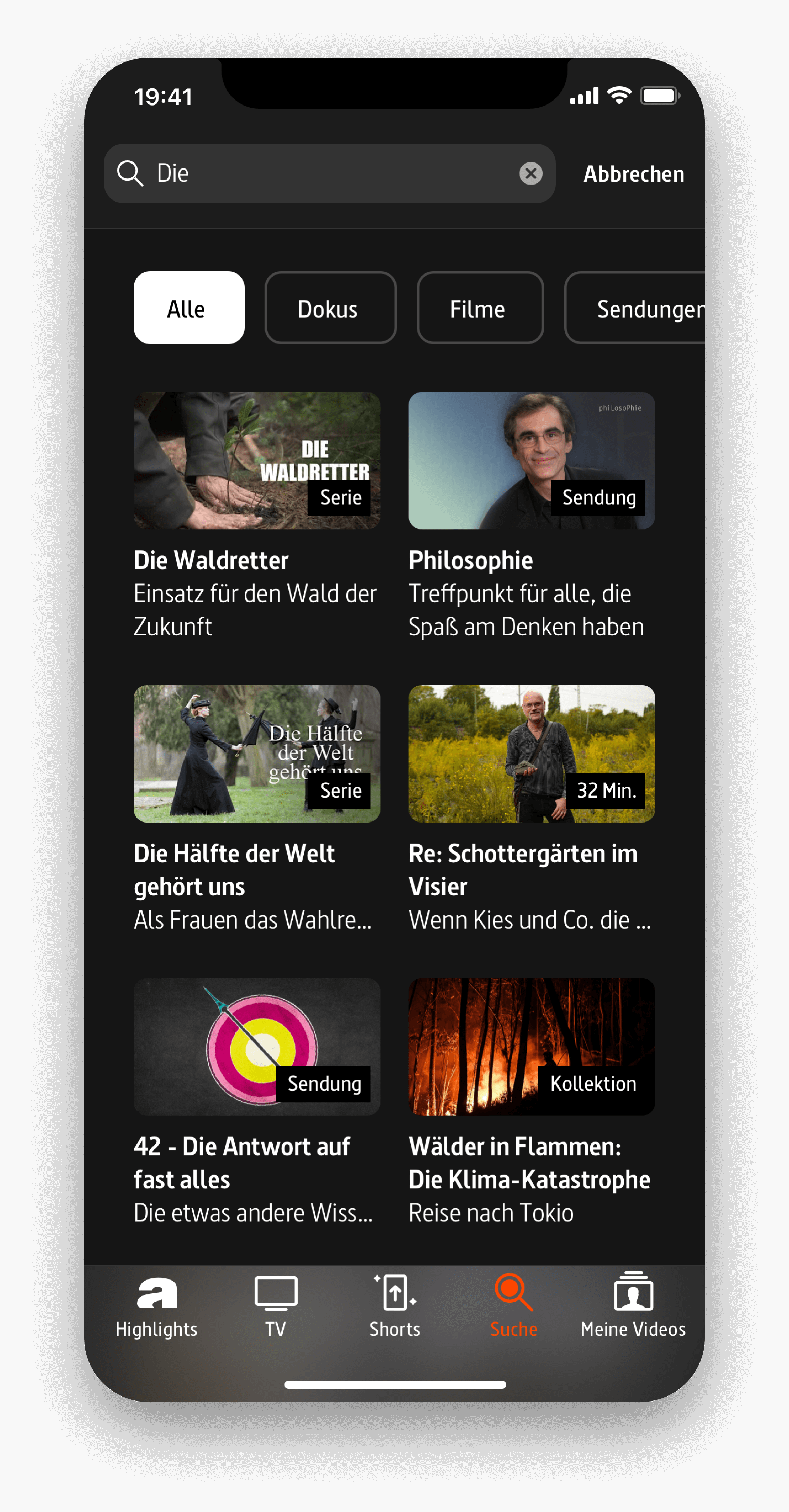 Arte-App-Oberfl&auml;che mit verschiedenen Sendungen und Dokumentationen wie "Die Waldretters", "Philosophie" und "W&auml;lder in Flammen", &uuml;bersichtlich in dunklem Design mit Filterm&ouml;glichkeiten und Navigationselementen.