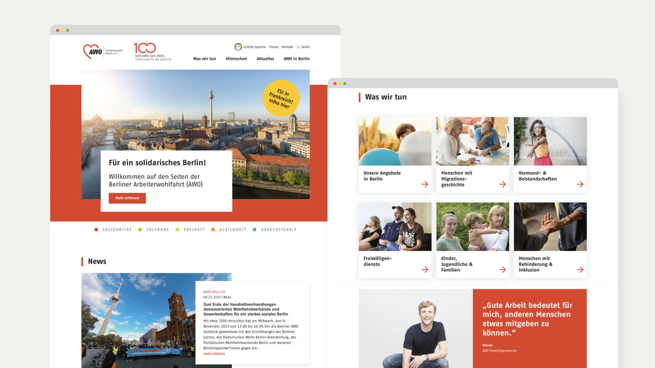 Website-Design f&uuml;r AWO Bundesverband mit Blick auf Berlin, zeigt Screenshot der Startseite und Unterseiten mit klarer, moderner Gestaltung. Design visualisiert die Vielfalt sozialer Themen und Engagement durch &uuml;bersichtliche, barrierefreie Benutzeroberfl&auml;che.