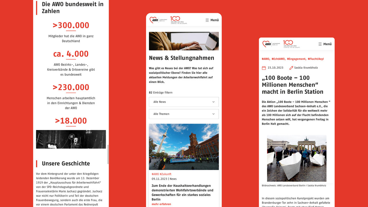 Screenshots der neuen AWO-Bundesverband-Webseite in rotem Design, zeigt verschiedene Ansichten der responsiven Website mit Statistiken, Nachrichten und Bildern, die die Vielfalt und digitale Zug&auml;nglichkeit der Organisation pr&auml;sentieren.