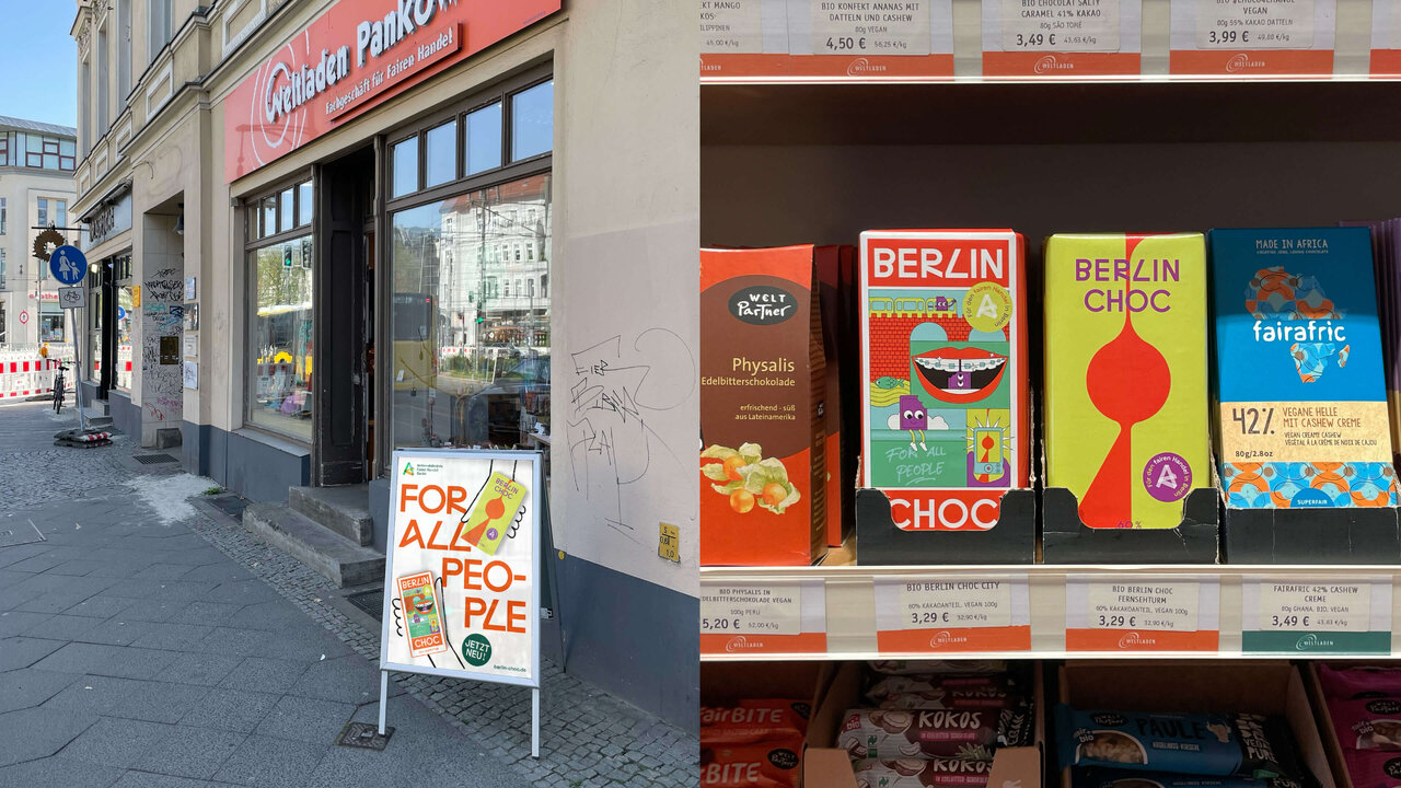 Au&szlig;enansicht eines Ladengesch&auml;fts mit A-Aufsteller und Nahaufnahme von BERLIN CHOC Schokoladenverpackungen in verschiedenen Farben und Designs, die faire Handelsprinzipien und nachhaltiges Produktdesign repr&auml;sentieren.