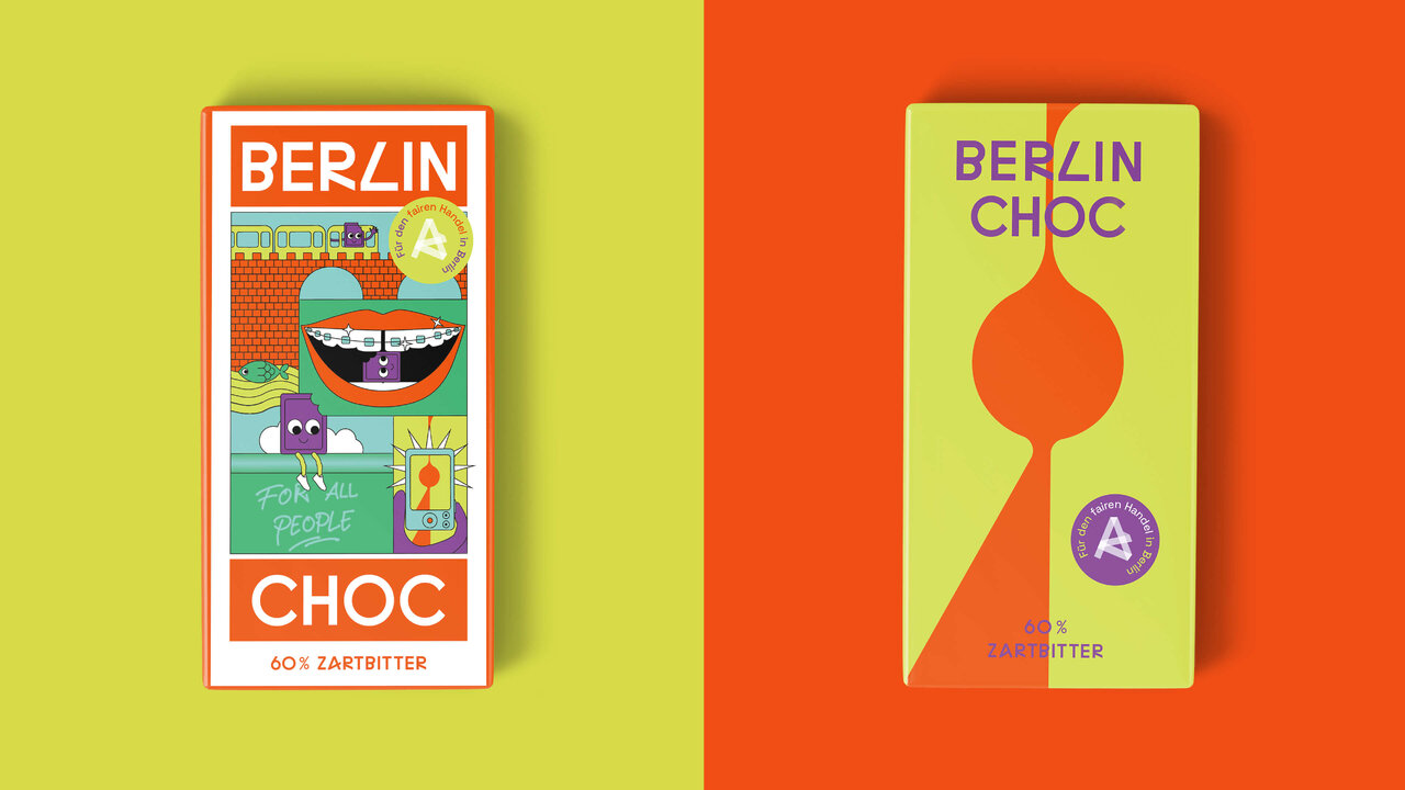 Zwei BERLIN CHOC Schokoladentafeln in grafisch-minimalistischem Design mit orange-gr&uuml;nem Farbkontrast, links eine bunt illustrierte Verpackung, rechts eine geometrische Darstellung mit stylisierter Kakaobohne, beide mit dem Logo und Hinweis auf fair gehandelte Bio-Schokolade.
