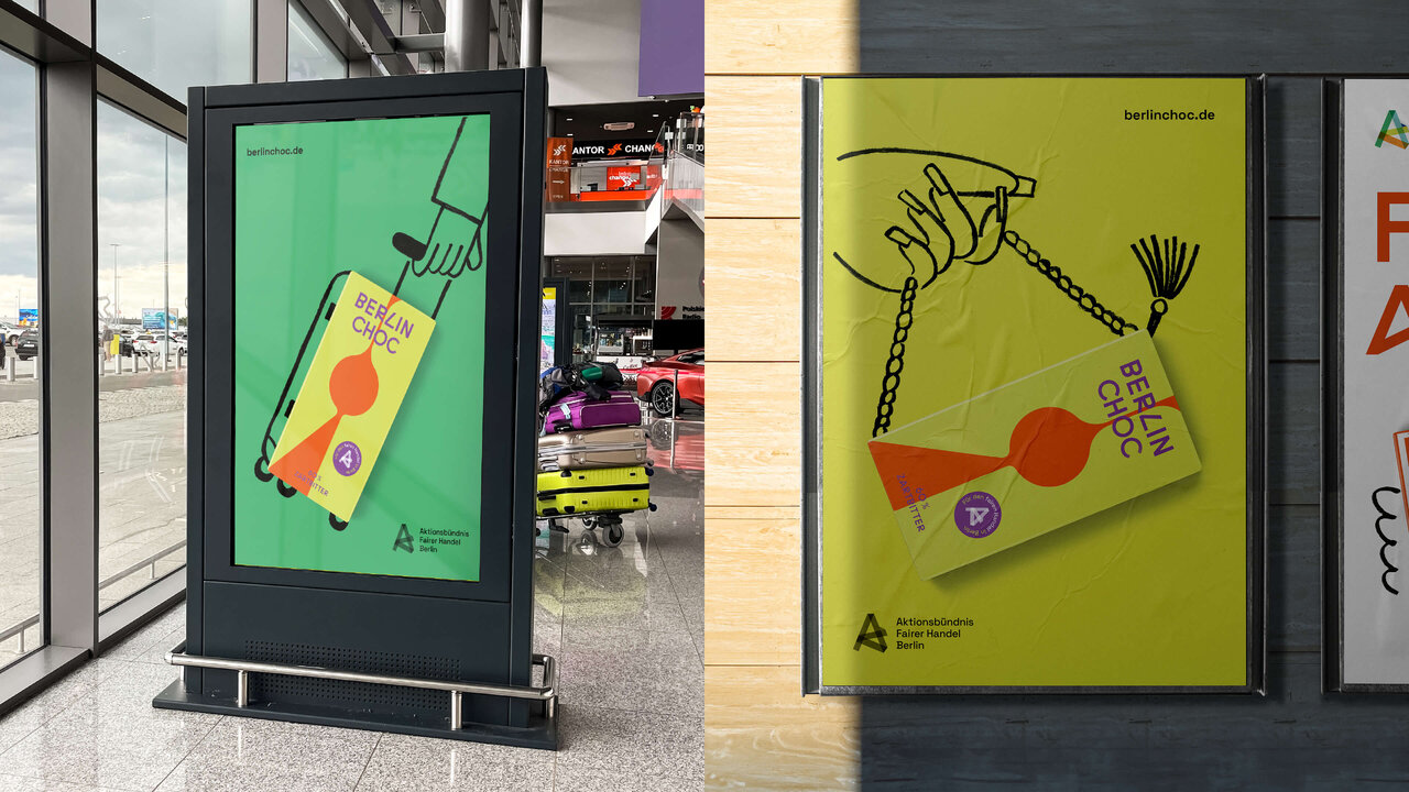 Zwei Plakate mit grafischer Darstellung einer Schokoladentafel und stilisierten H&auml;nden, die einen Kakao-Zusammenhang symbolisieren. Die Plakate verwenden kr&auml;ftige Farben in Gr&uuml;n und Gelb und sind Teil der Kommunikation f&uuml;r Berlin Choc, eine fair gehandelte Bio-Schokolade.