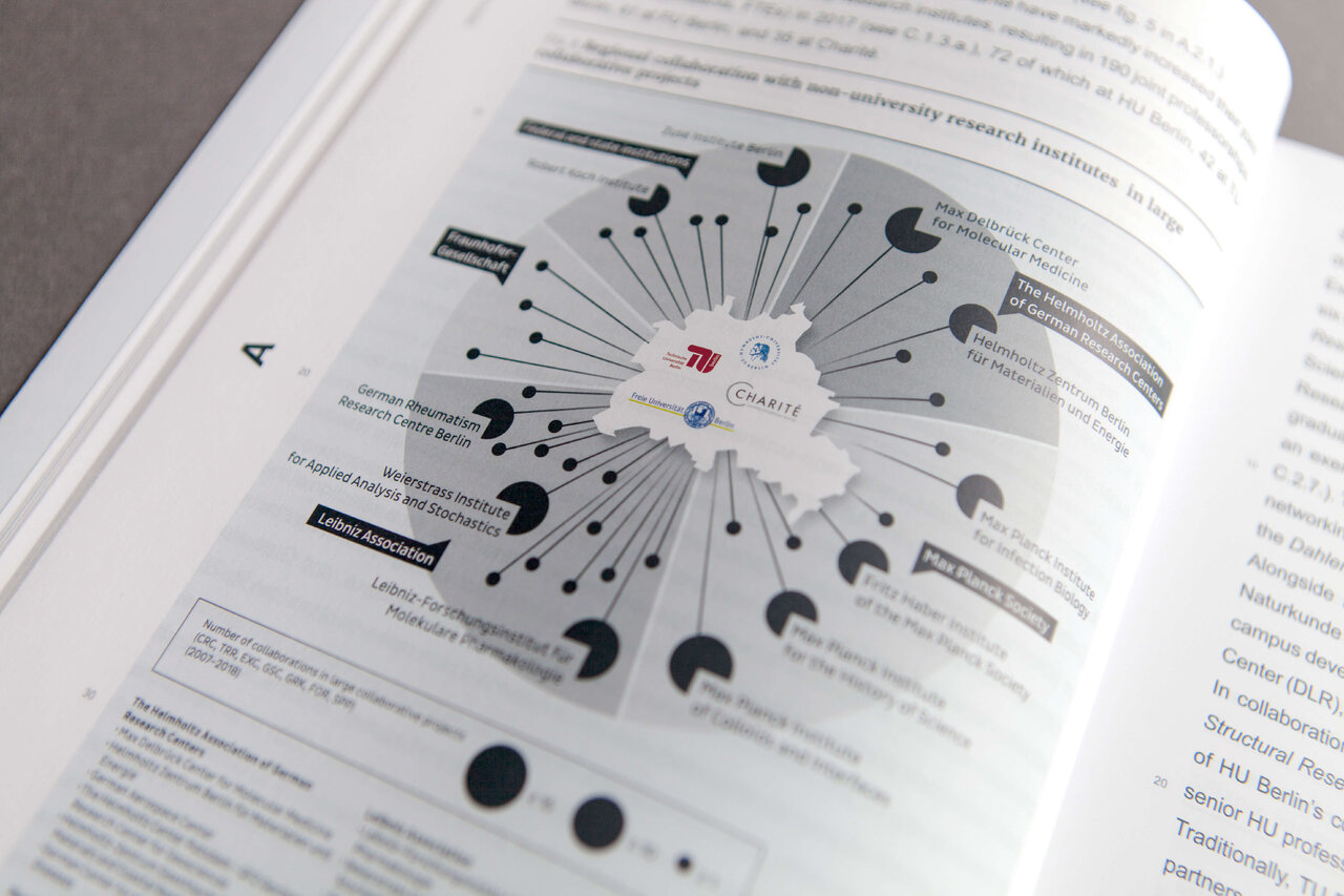 Radial infografische Darstellung mit schwarzen, geschwungenen Elementen, die von einem zentralen wei&szlig;en Punkt ausgehen und verschiedene Informationen und Verbindungen visualisieren. Die Grafik ist in Graut&ouml;nen gehalten und auf einer Buchseite platziert.