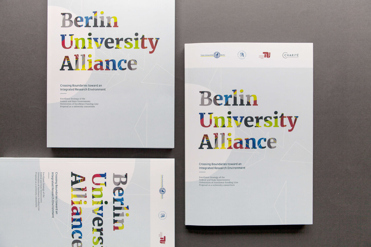 Drei Druckerzeugnisse der Berlin University Alliance mit farbenfrohem Logo und grafischer Gestaltung, auf einem grauen Hintergrund nebeneinander platziert. Die Publikationen zeigen ein einheitliches Design mit mehrfarbigen Buchstaben und klarer, moderner Typografie.
