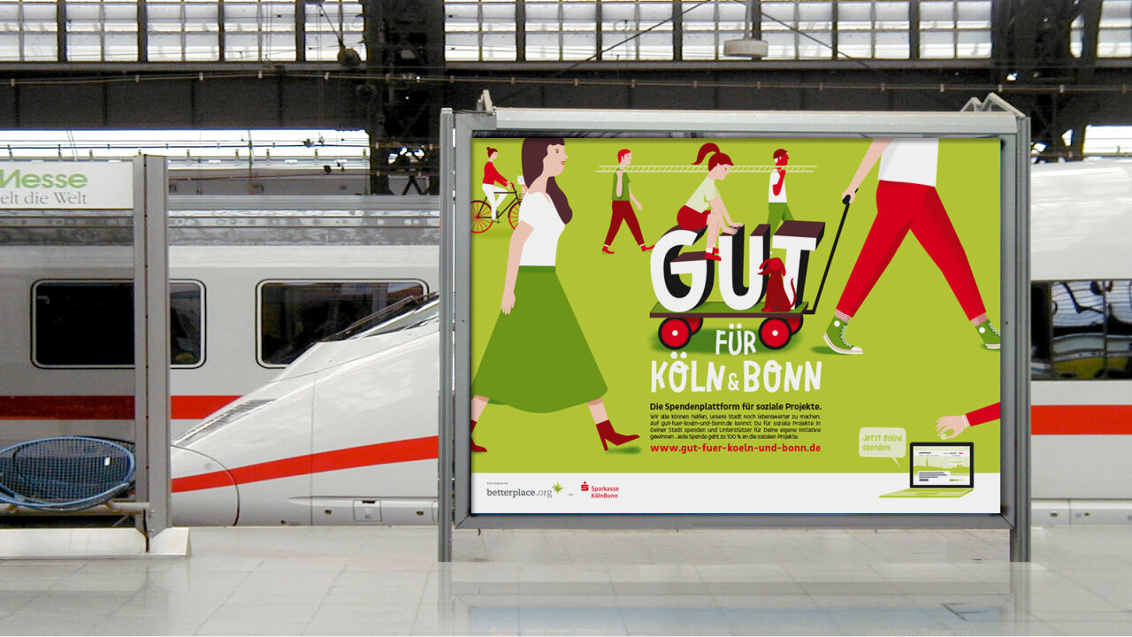 Werbeplakat f&uuml;r die Initiative "Gut f&uuml;r K&ouml;ln und Bonn" an einer Bahnstation, mit stilisierten Figuren in gr&uuml;n und rot auf einem gr&uuml;nen Hintergrund, neben einem wei&szlig;en Hochgeschwindigkeitszug.