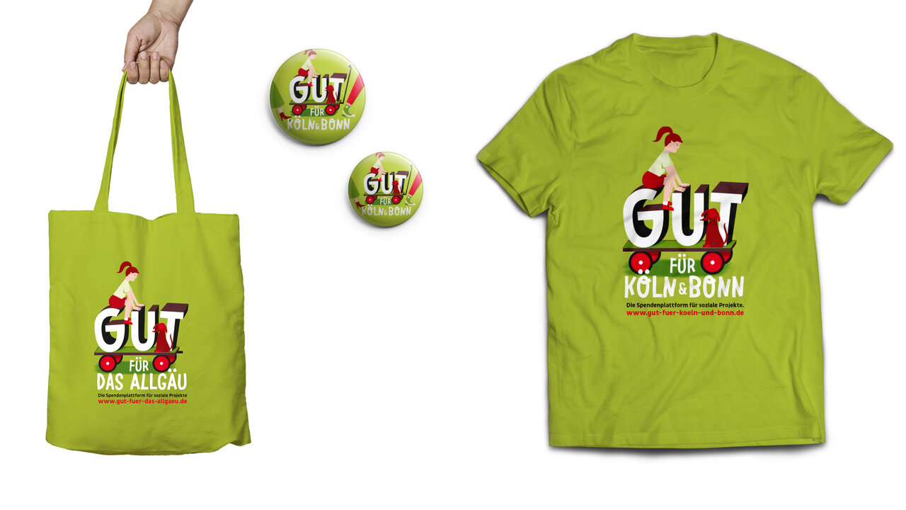 Gr&uuml;ne Tasche, T-Shirt und Buttons mit dem Logo "Gut f&uuml;r K&ouml;ln/Bonn", einem Projekt zur F&ouml;rderung regionalen Engagements, in frischem Gr&uuml;n und klarem Design mit grafischem H&uuml;hnermotiv.