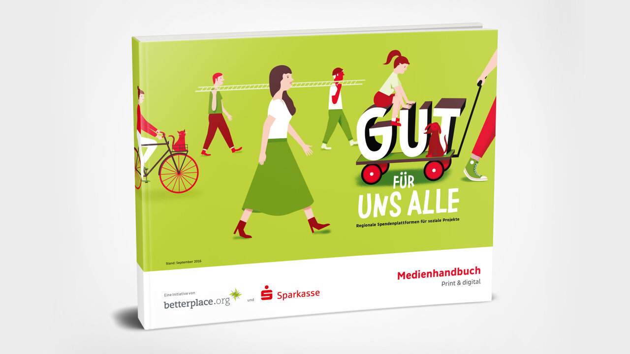 Medienbuch-Cover f&uuml;r "Gut f&uuml;r uns alle" mit stilisierten Figuren in Gr&uuml;n- und Rott&ouml;nen, die Bewegung und Gemeinschaft symbolisieren. Design f&uuml;r eine Initiative von betterplace.org und dem DSGV zur F&ouml;rderung regionalen Engagements.