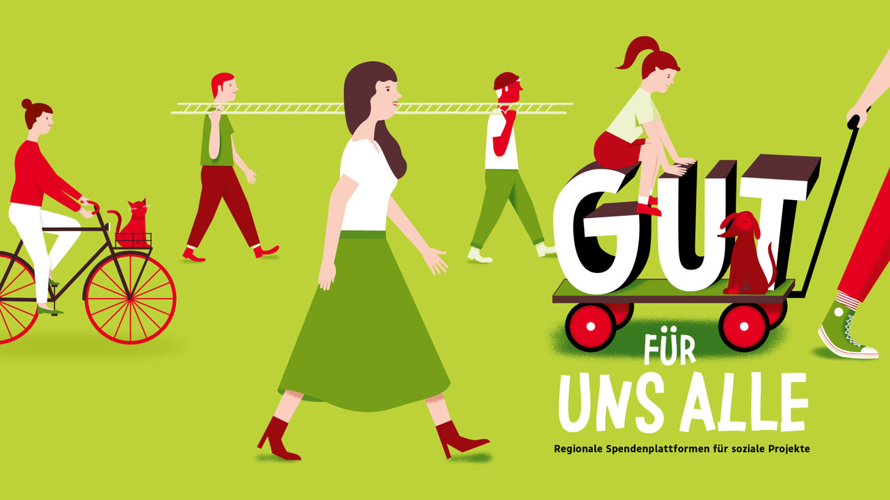 Gr&uuml;ne Illustration mit Menschen in rot-wei&szlig;er Kleidung, die verschiedene Aktivit&auml;ten aus&uuml;ben - Radfahren, Gehen, Stehen - um das Logo "GUT F&Uuml;R UNS ALLE" herum, das auf einem Bollerwagen platziert ist, vor einem hellgr&uuml;nen Hintergrund.