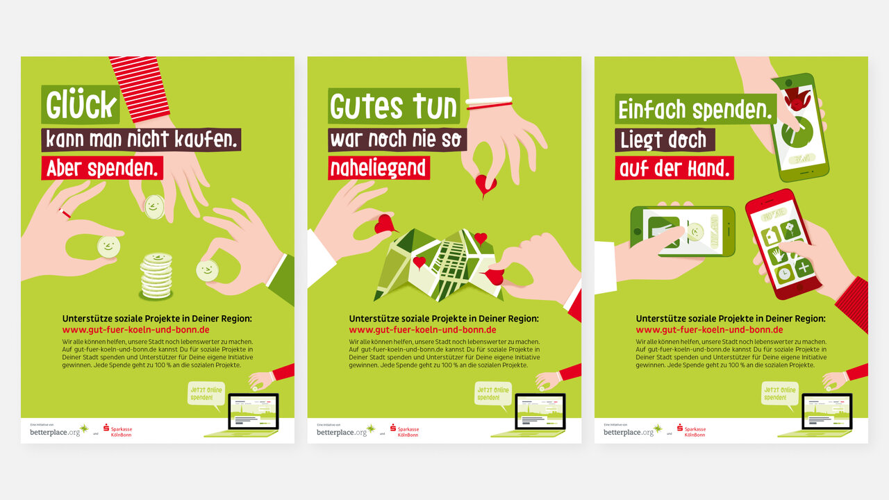 Drei aufeinanderfolgende Poster in Gr&uuml;n und Rot, die verschiedene Aspekte des Online-Spendens illustrieren: M&uuml;nzen werden gesammelt, ein Einkaufswagen mit Spenden, und ein Smartphone mit Spendenapp, jeweils mit Betonung auf einfaches und nahegelegenes digitales Spenden f&uuml;r lokale Projekte.