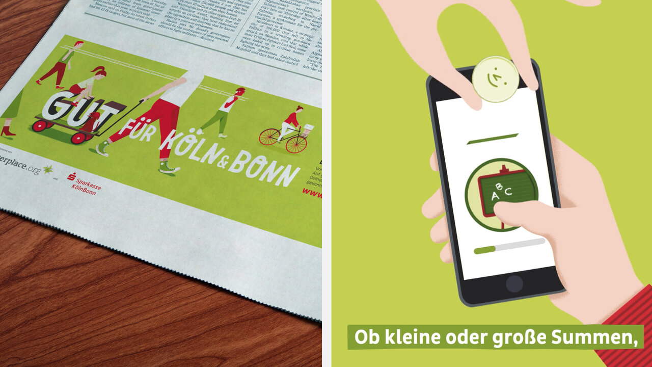 Zwei Ansichten einer Kampagne f&uuml;r regionales Engagement: links eine Zeitungsanzeige mit gr&uuml;nem Hintergrund und Figuren, rechts eine Smartphone-Bildschirmansicht mit einer Spenden-App, beide in einem frischen, einladenden Design.