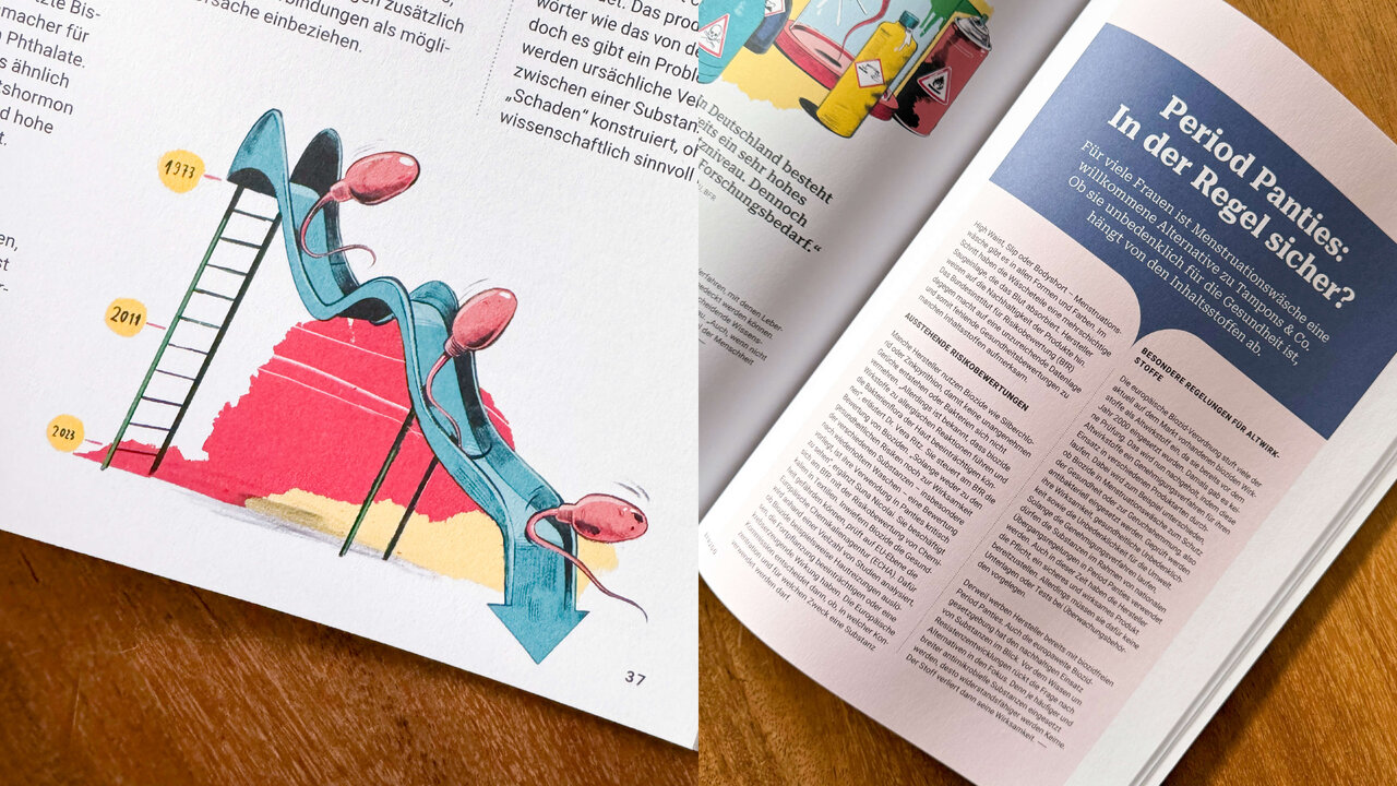 Stilisierte Illustration eines blauen, menschen&auml;hnlichen Charakters, der eine Leiter auf einem rot-gelben geometrischen Hintergrund erklimmt, neben aufgeschlagenen Seiten eines Wissenschaftsmagazins.