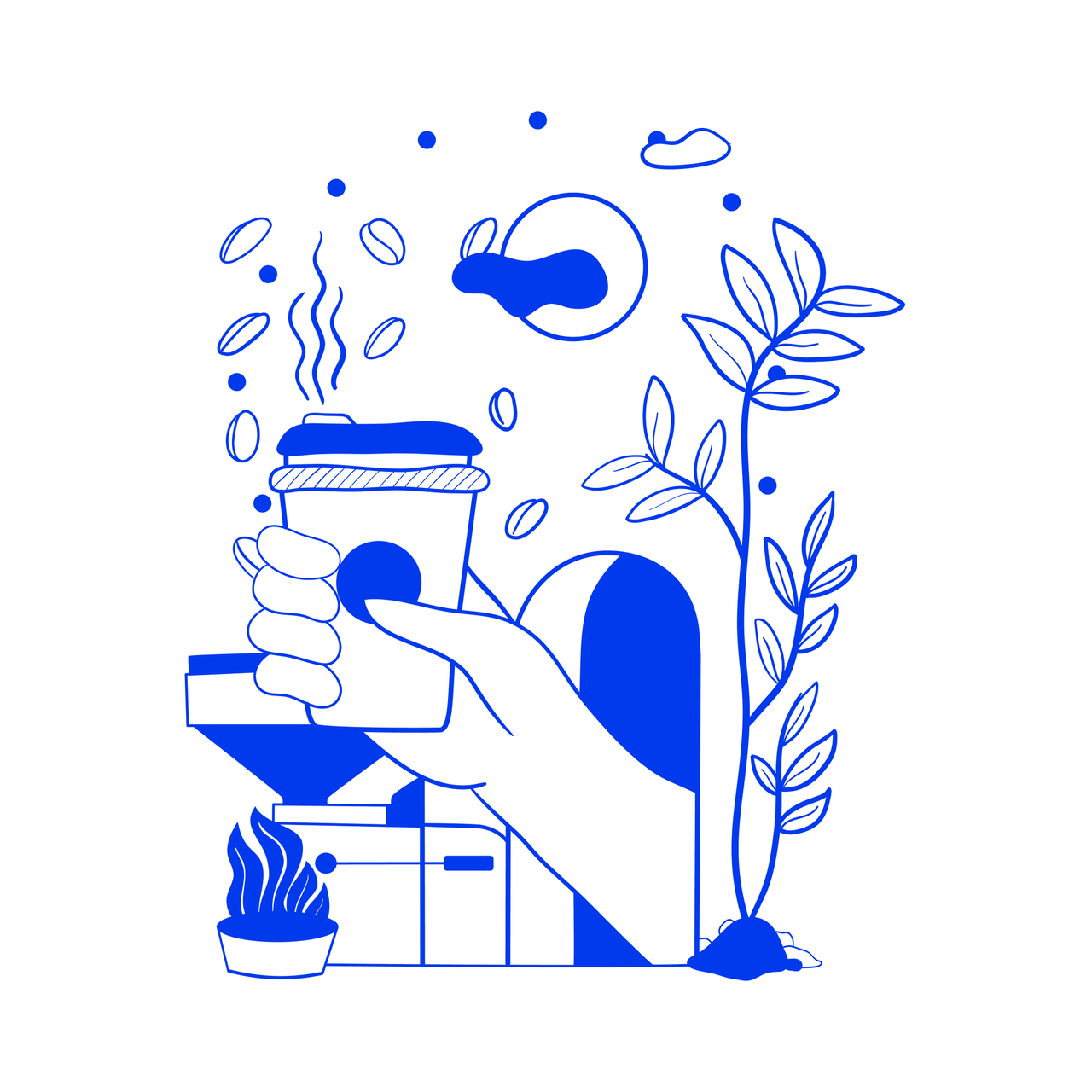 Hand h&auml;lt einen Kaffeebecher, umgeben von Kaffeebohnen, einer Pflanze und einer dampfenden Tasse. Illustration in blauer Monochromie, die eine kreative Kaffee- und Arbeitsatmosph&auml;re vermittelt.