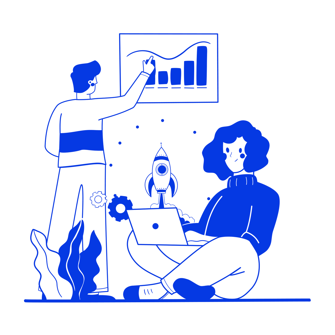 Zwei Personen an einem Arbeitsplatz mit Laptop, Rakete und Diagramm. Ein Mann steht und zeigt auf ein Wachstumsdiagramm, w&auml;hrend eine Frau mit einem Laptop sitzt, umgeben von stilisierten Bl&auml;ttern und Zahnr&auml;dern.