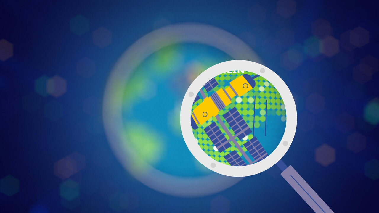 Vergr&ouml;&szlig;erungsglas enth&uuml;llt eine bunte Weltkarte mit digitalen Pixeln und geometrischen Mustern in Gelb, Gr&uuml;n und Blau, symbolisch f&uuml;r globale digitale Vernetzung und Entwicklungszusammenarbeit.