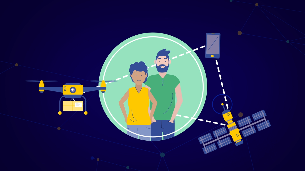 Zwei Personen in einem gr&uuml;nen Kreis, umgeben von einem Satelliten, einer Drohne und anderen technologischen Elementen vor einem dunklen Hintergrund, symbolisieren globale digitale Zusammenarbeit und Vernetzung.