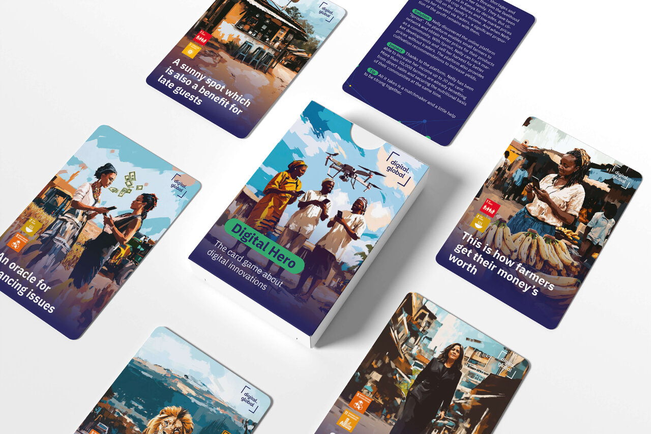 Mehrere Designkarten in verschiedenen Gr&ouml;&szlig;en und Farben, die Fotos von Menschen in unterschiedlichen Situationen und Umgebungen zeigen, zusammengestellt als Teil eines Projekt-Layouts f&uuml;r Digital.Global und das Bundesministerium f&uuml;r Entwicklung und Zusammenarbeit.