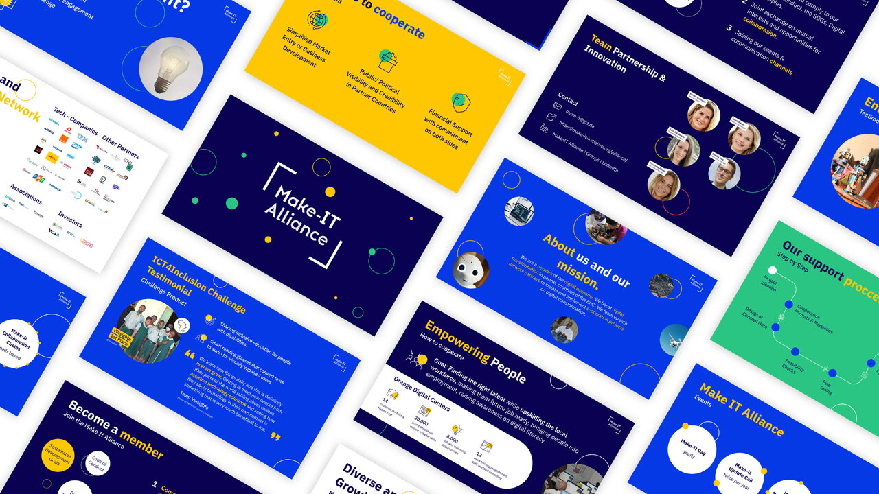 Verschiedene Screenshots einer Webdesign-Oberfl&auml;che in Blau, Gelb und Gr&uuml;n, die eine digitale Plattform f&uuml;r politische Initiativen und Entwicklungszusammenarbeit pr&auml;sentieren, mit unterschiedlichen Layouts und Informationsbl&ouml;cken.