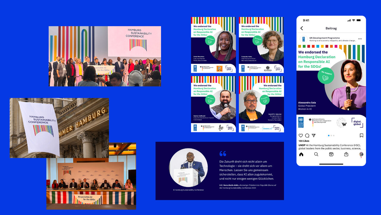 Collage verschiedener Designelemente und Fotos f&uuml;r das Digital.Global-Projekt, darunter Konferenzaufnahmen, Portr&auml;ts von Teilnehmern, Website-Screenshots und Brosch&uuml;rendesigns in blau-gr&uuml;ner Farbpalette f&uuml;r die digitale Entwicklungszusammenarbeit des BMZ.